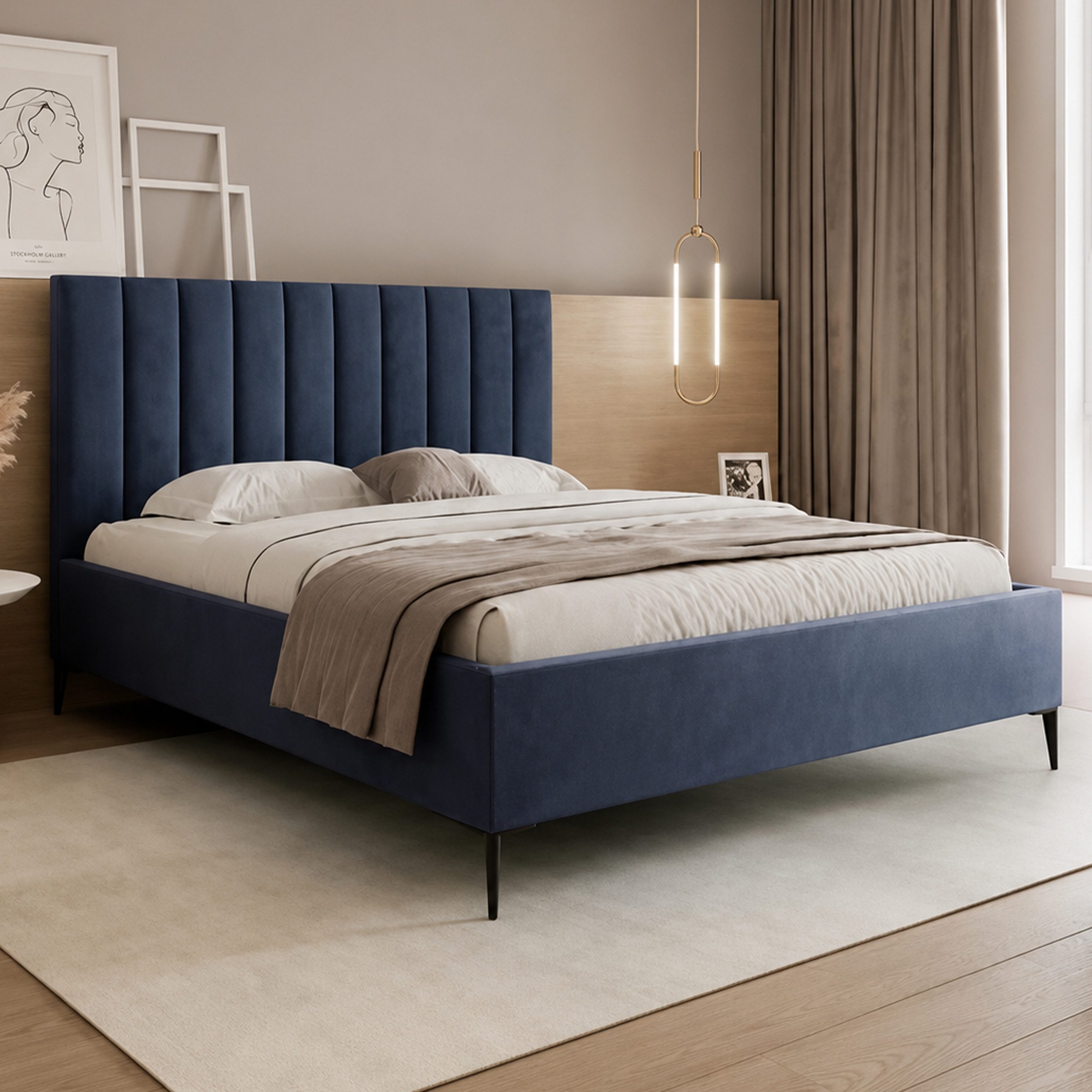 Goldstoff Polsterbett Elegantes Bett "AUREO" mit hohem Kopfteil & Stauraum für Schlafzimmer (120–200x200 cm, Kopfteilhöhe: 90/110 cm, Seitenhöhe: 25/40 cm), Modernes Bett mit Stauraum & gepolstertem Kopfteil in elegantem Design
