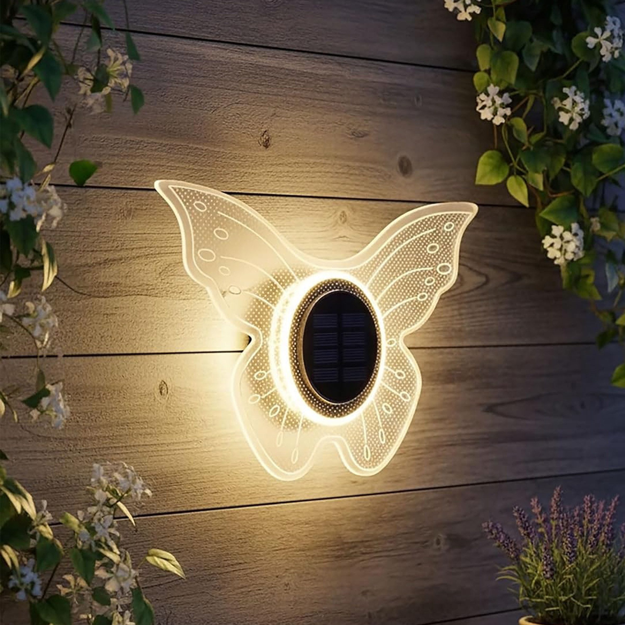 Spetebo LED Dekolicht Solar Wandlampe Schmetterling, Dämmerungssensor, LED fest integriert, warm weiß, Deko Wandleuchte warm weiß für Außen, 25 cm