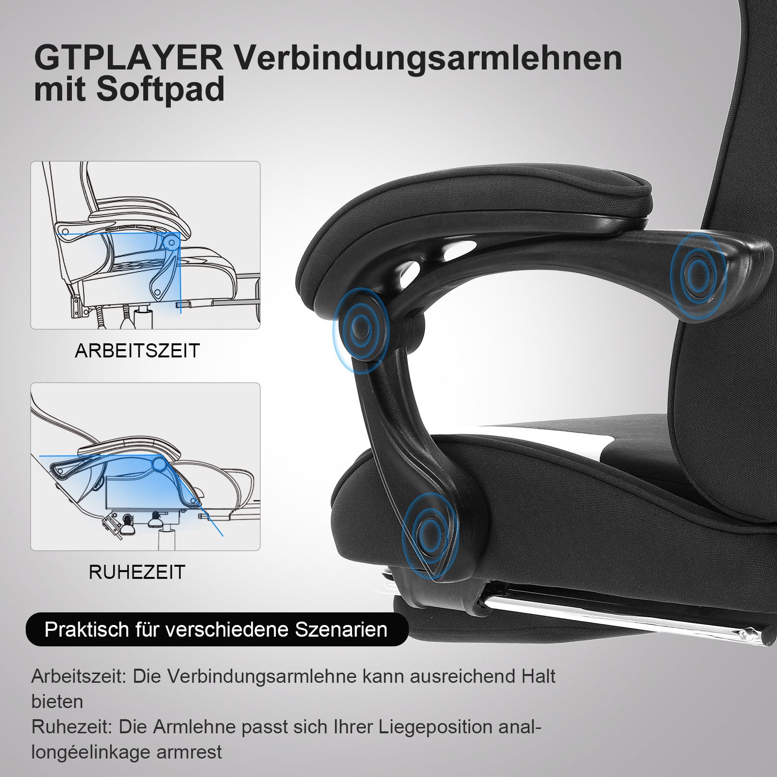 GTPLAYER Gaming-Stuhl Bürostuhl mit Massagefunktion, Fußstütze, Kopfstütze (Packung), Ergonomischer Gamer Stuhl Maximale Belastung 150 kg, 360° drehbar – Bild 5 von 5