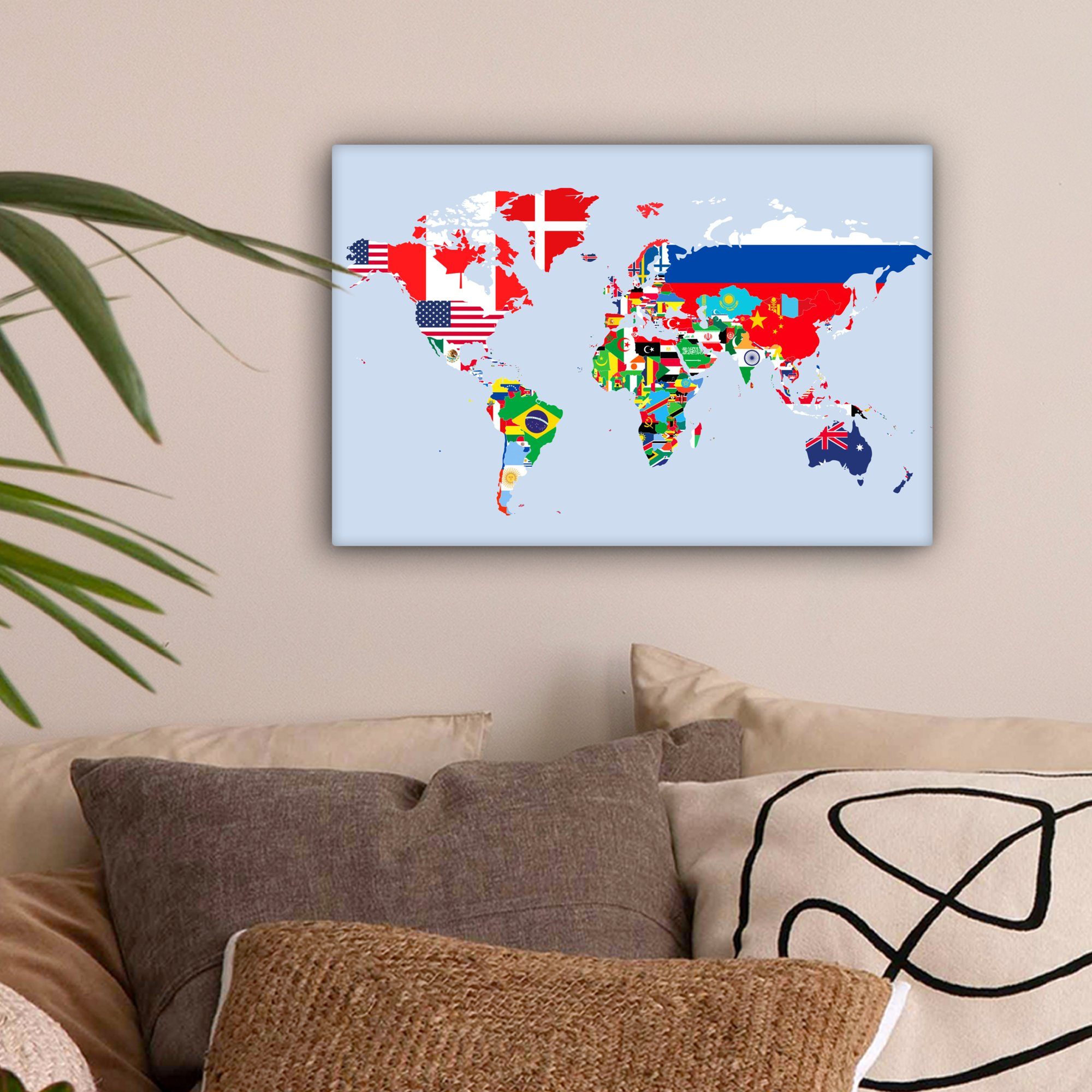 Leinwandbilder, Flagge - Wandbild - cm OneMillionCanvasses® Wanddeko, Karte Länder, - Leinwandbild St), Welt (1 Aufhängefertig, 30x20