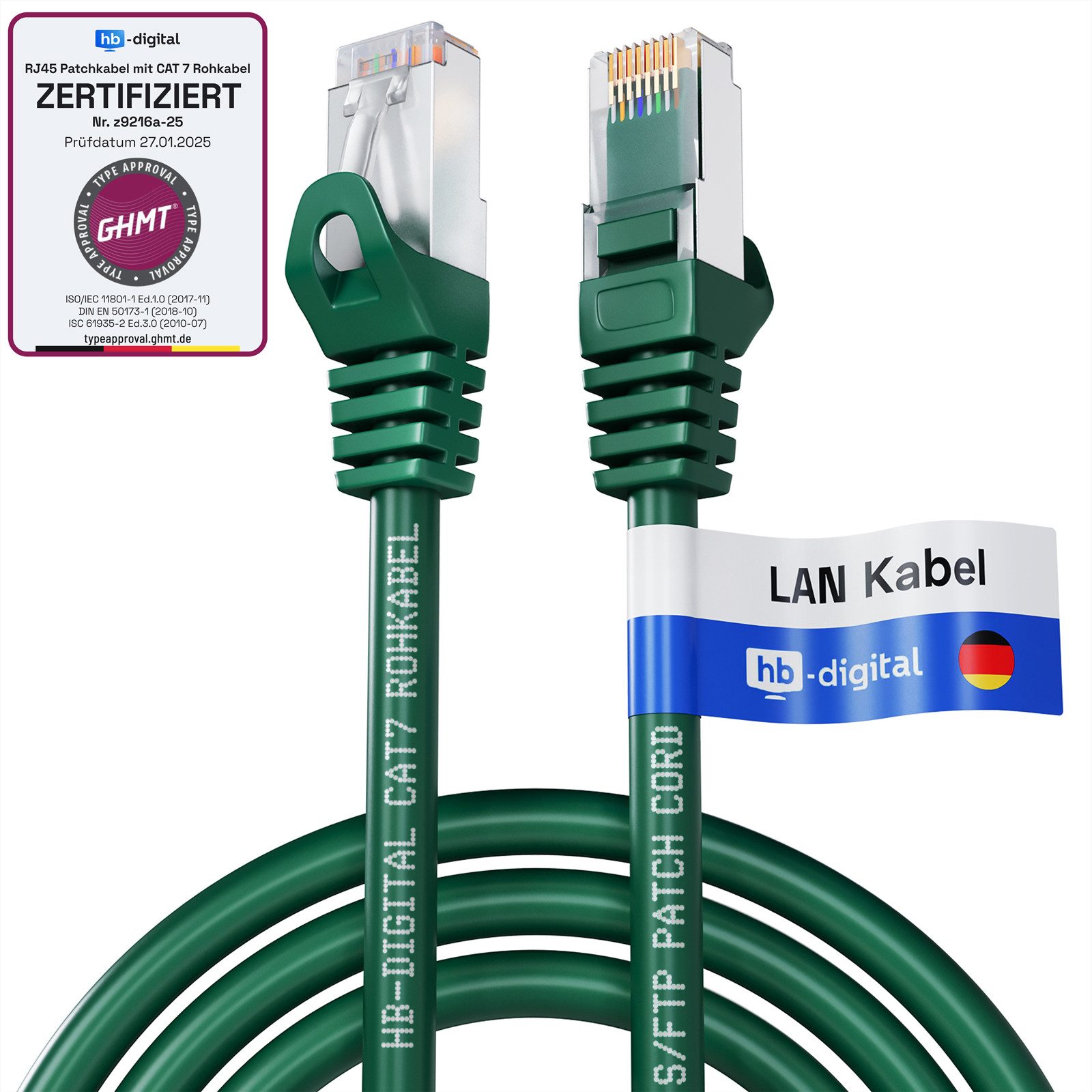 HB-DIGITAL Patchkabel CAT.7 Rohkabel LAN Электропровод Cat7 S/FTP PiMF LSZH Netzwerkkabel, Netzwerkstecker, RJ-45 (25 cm), Kontaktoberfläche: Pins Vergoldet 50µ