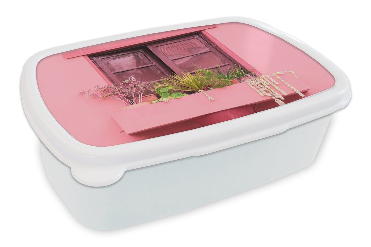 MuchoWow Lunchbox Fenster - Pflanzen - Rosa - Pflanzgefäß, Kunststoff, (2-tlg), Brotbox für Kinder und Erwachsene, Brotdose, für Jungs und Mädchen weiß