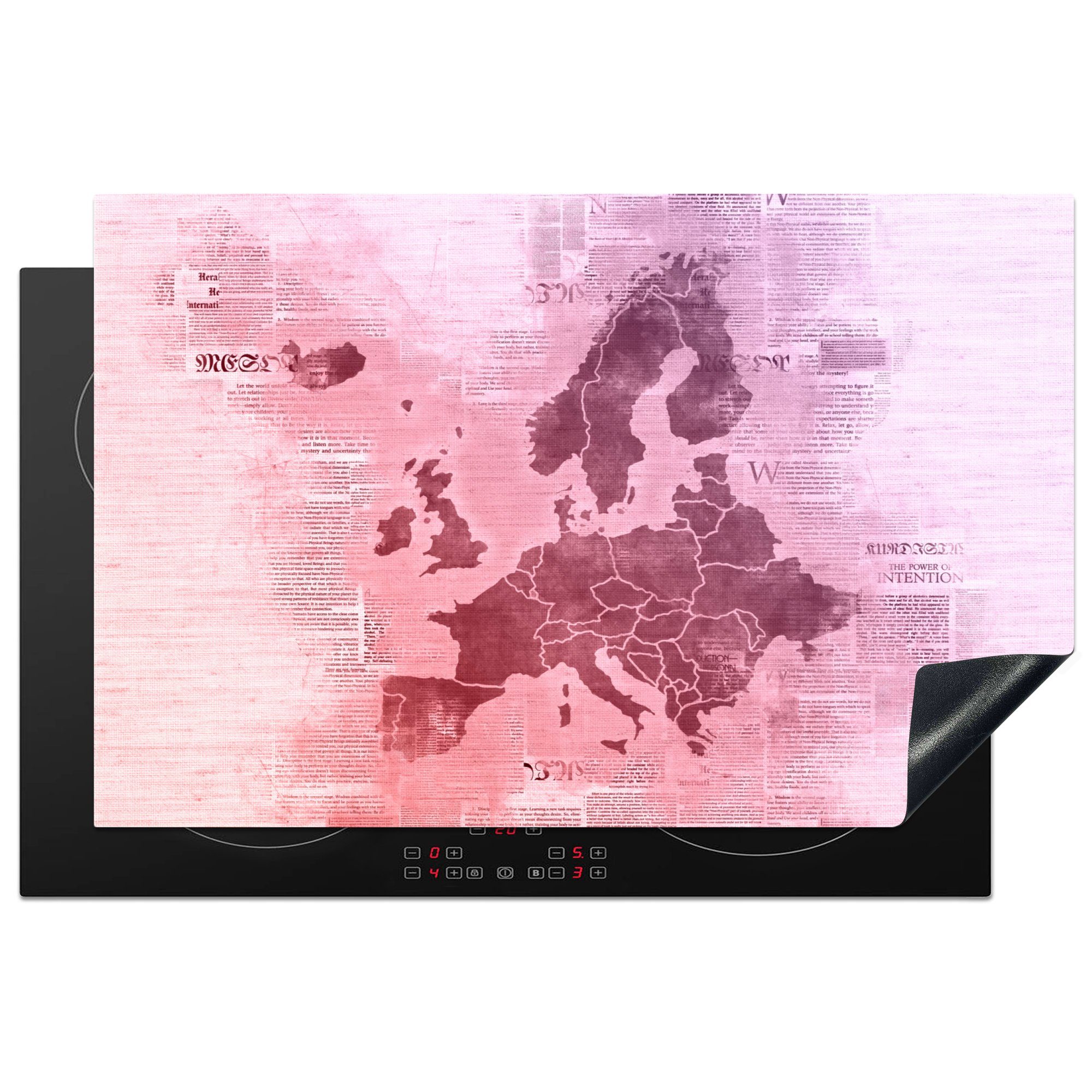 MuchoWow Herdblende-/Abdeckplatte Karte von Europa - Zeitung - Lila, Vinyl, (1 tlg), 81x52 cm, Induktionskochfeld Schutz für die küche, Ceranfeldabdeckung