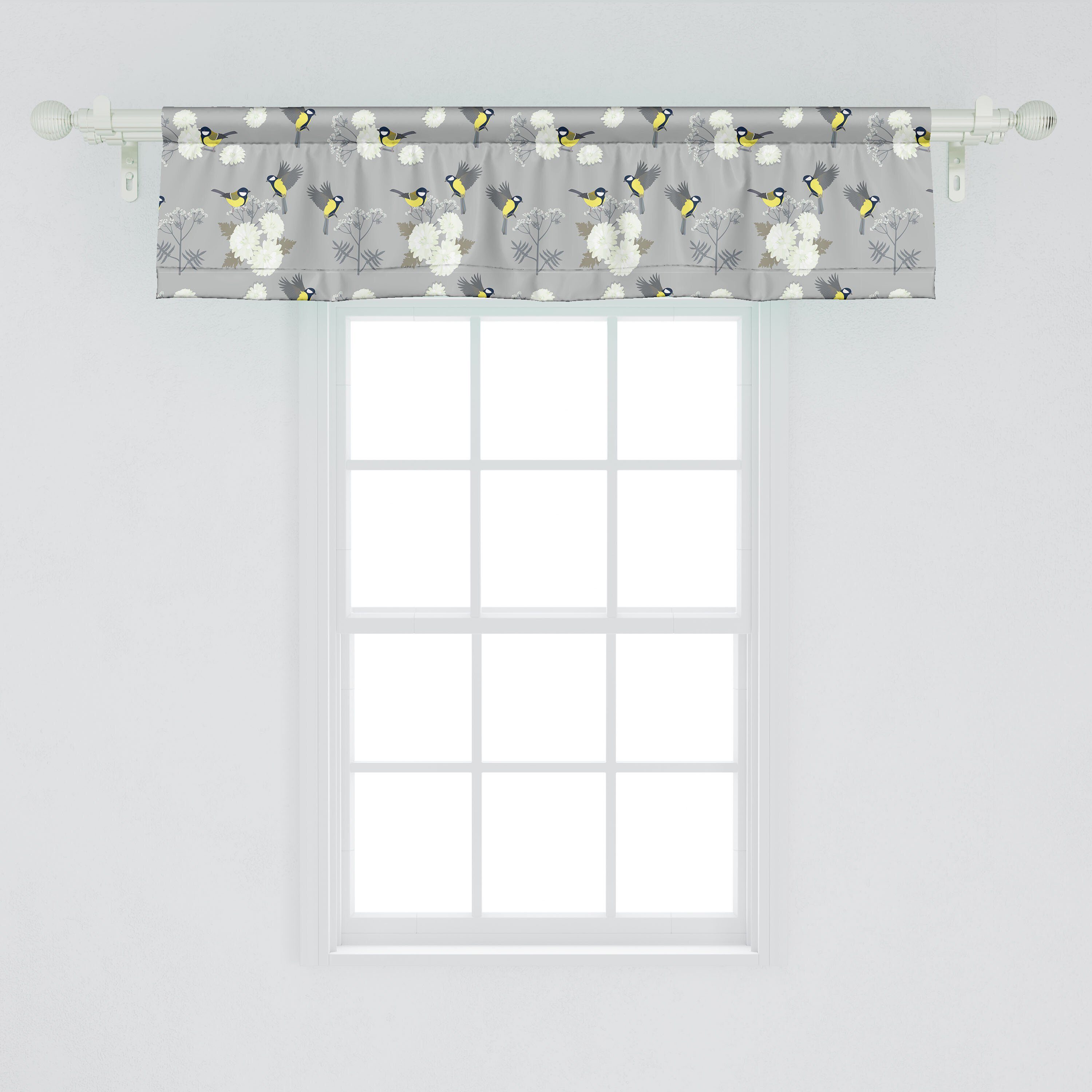 Scheibengardine Vorhang mit Küche Dekor Microfaser, Meise für Abakuhaus, Schlafzimmer Stangentasche, Volant Vogel-Druck Chrysanthemen