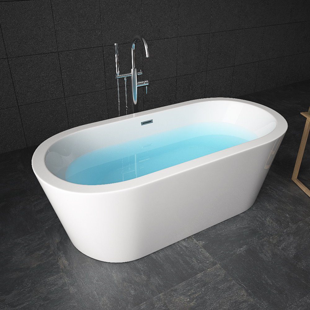 TroniTechnik Badewanne Freistehende Badewanne PIPERI, 168 x 80 x 60cm (L x B x H), (vormontiert, aus hochwertigem Sanitäracryl, Wärmespeichernd, 1-tlg), glasfaserversärktes Acryl, Überlauf-Ablauf und Push-to-open Abfluss