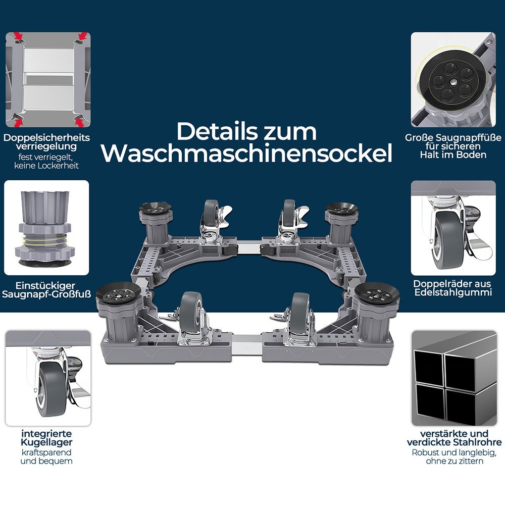 GLIESE POWER Waschmaschinenuntergestell – mit 4 Füßen & 4 Rollen, flexibel verstellbar, Zubehör für Waschmaschinen, Trockner, Kuhischrank, 40-66 cm, bis 300 kg, – Bild 3 von 5