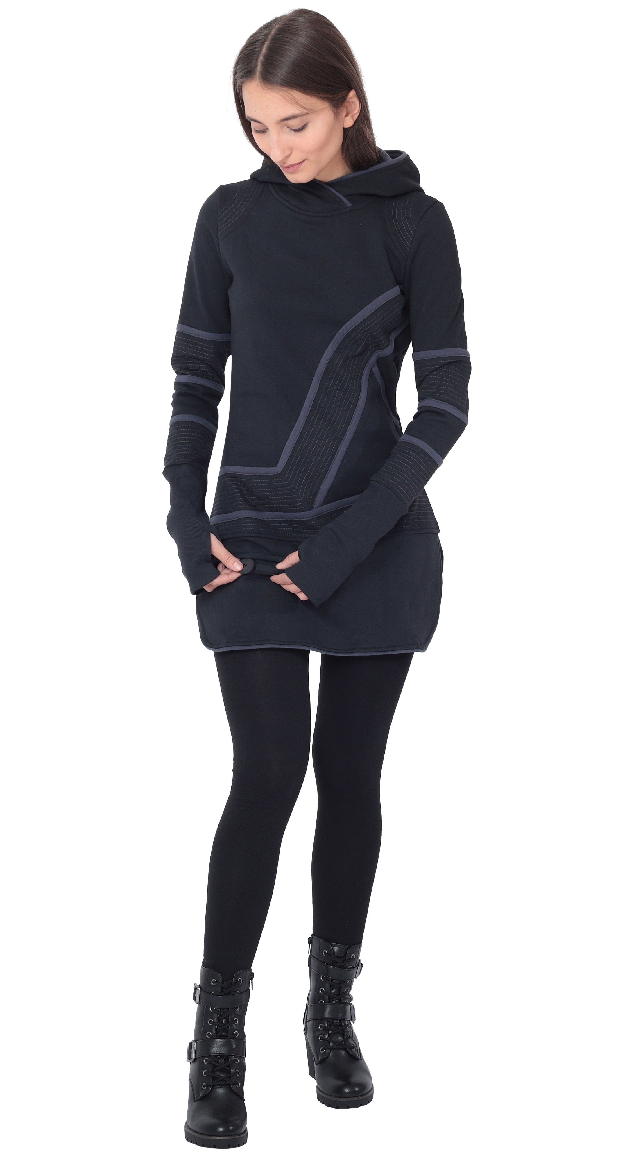 PUREWONDER Sweatkleid Kapuzenpullover-Kleid Hoodie Zweifarbig dr21 Schwarz L zweifarbiges Hoodie-Kleid