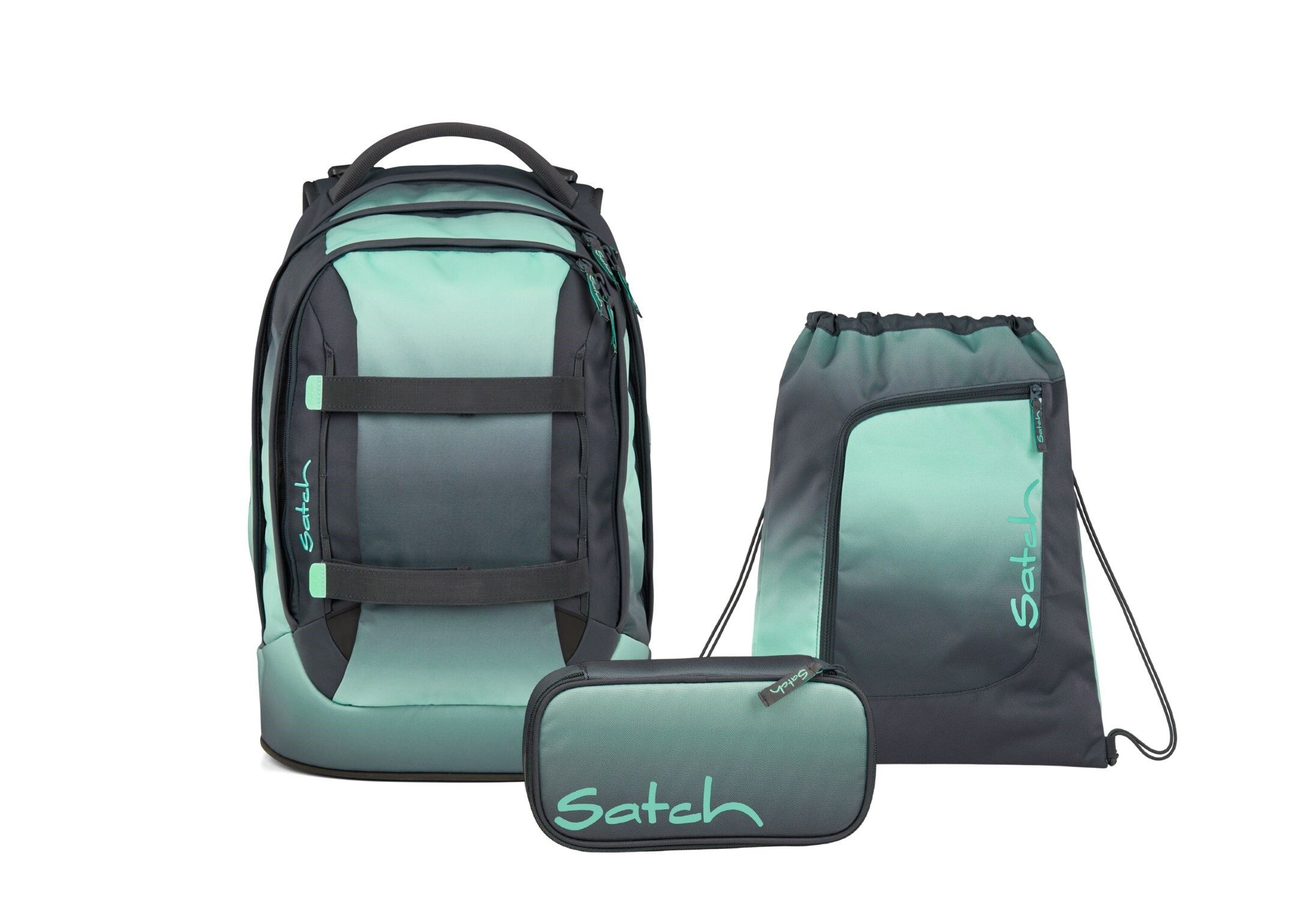 Satch Schulranzen Schulrucksack-Set PACK Gradient Mint 3-teilig (3-teilig), ergonomisch, Your-Size-System: auf Körpergröße anpassbar