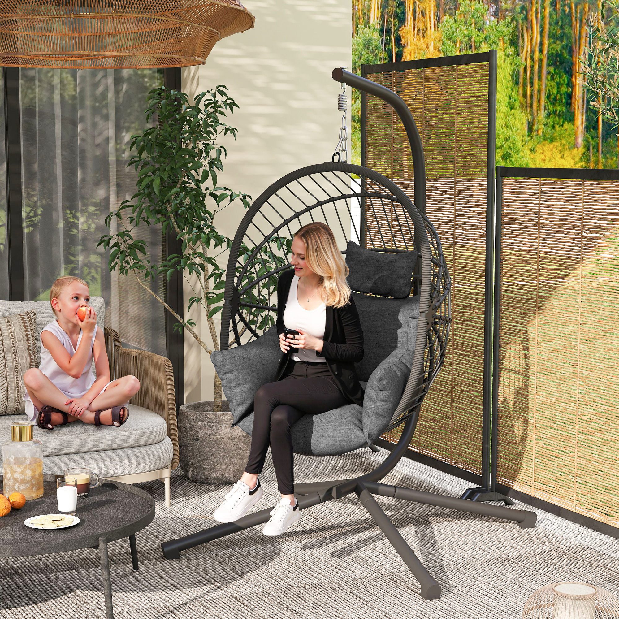 Outsunny Hängesessel Hängeschaukel mit Kissen, Hängestuhl mit Klappbarem (Sitzkorb, 1-St., Becherhalter), Rattanoptik für Indoor, Outdoor, bis 120 kg Belastbar, Stahl, Grau
