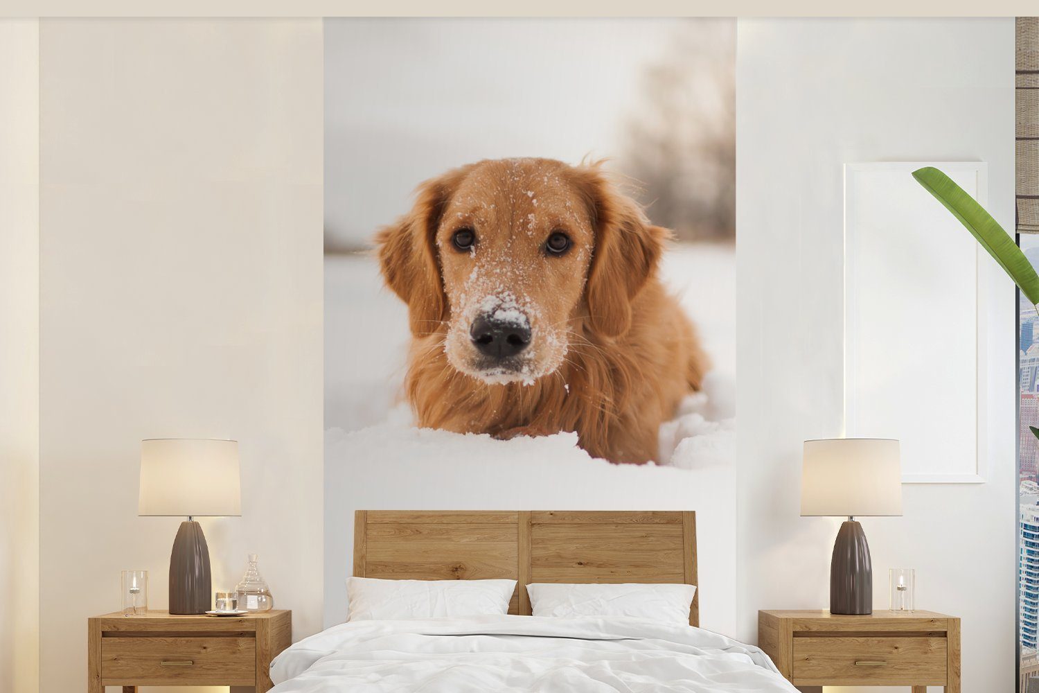 MuchoWow Fototapete Hund - Schnee - Winter, Matt, bedruckt, (2 St), Vliestapete für Wohnzimmer Schlafzimmer Küche, Fototapete