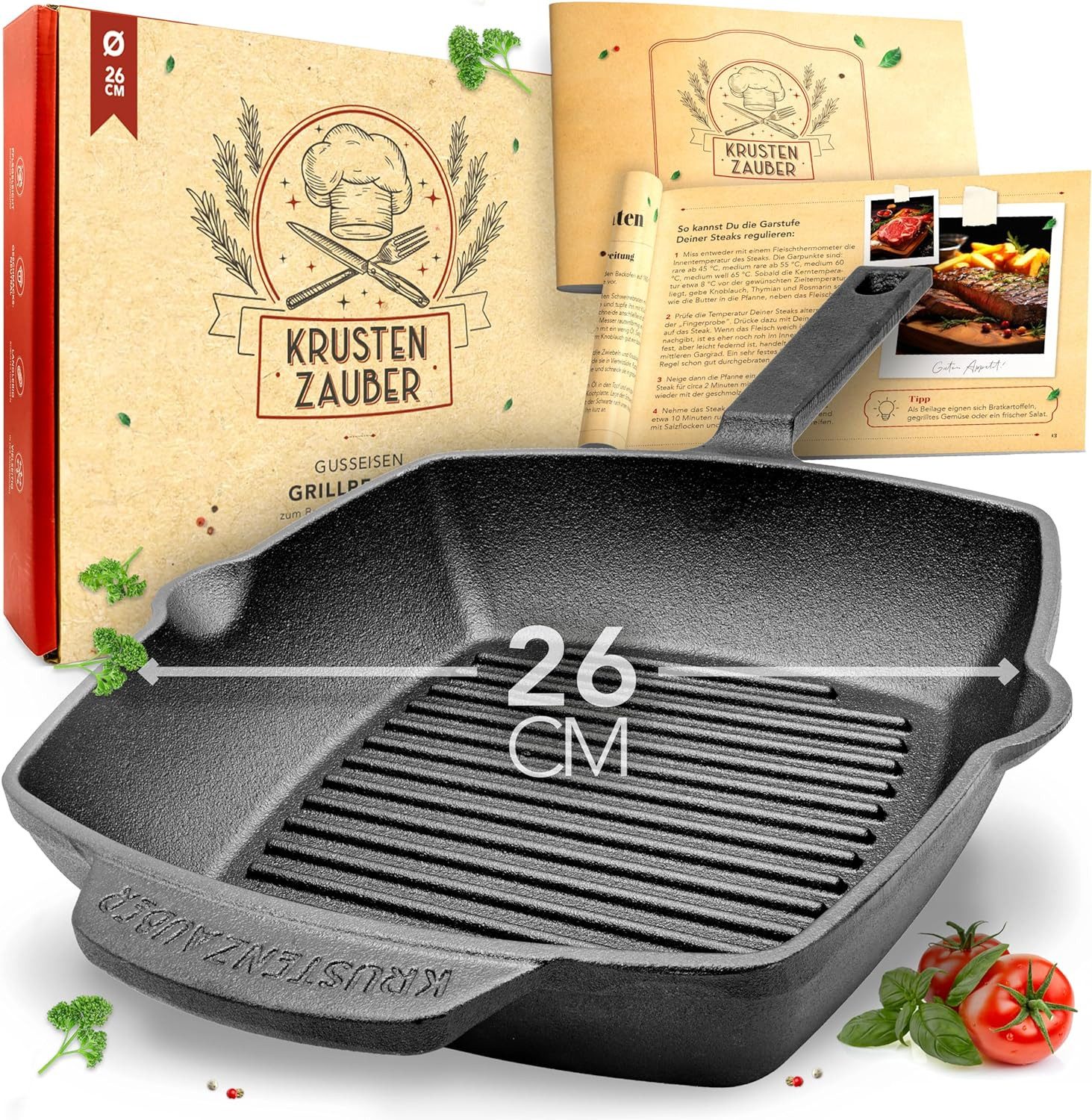 Krustenzauber Grillpfanne 26cm Grillpfanne Induktion -, (Geriffelte Gusseisenpfanne Induktion - Ideale Gusseisen Pfanne, Eisenpfanne, Cast Iron Pan, Bratpfanne), Gusseiserne Pfanne Skillet Gusspfanne