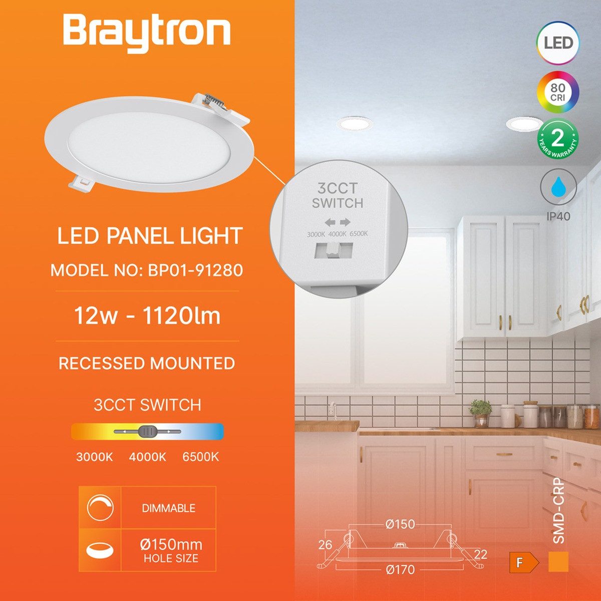 Braytron LED Einbaustrahler 12W ultraslim dimmbar Einbauspot 3in1 Farbtemperatur schaltbar 1120 lm, LED fest integriert, Neutralweiß, Kaltweiß, Warmweiß, Energieeffizient, Flimmerfrei, Dimmbar, 3CCT
