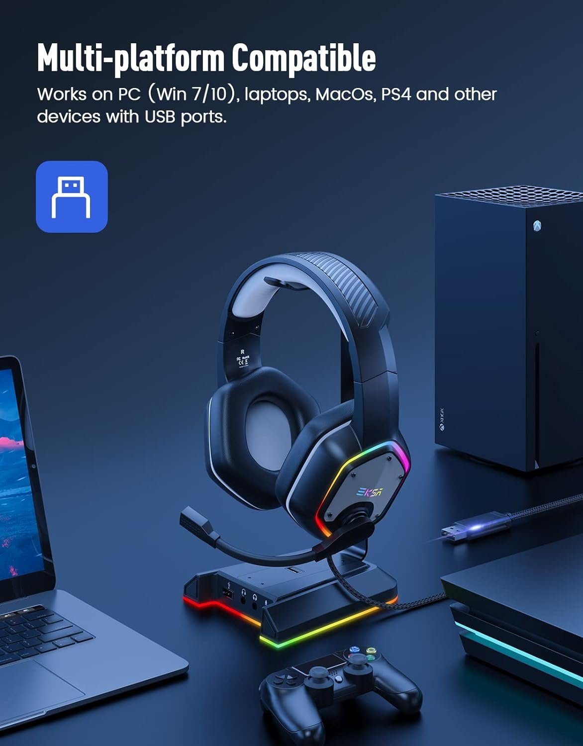 EKSA pc mit Headset (Gaming für headset PC Nosie with Gaming-Headset Microphone, Headphones konsole) kopfhörer gaming kabel with Usb Ear Over Canceling beleuchtung Cable for Bluetooth-Headset,