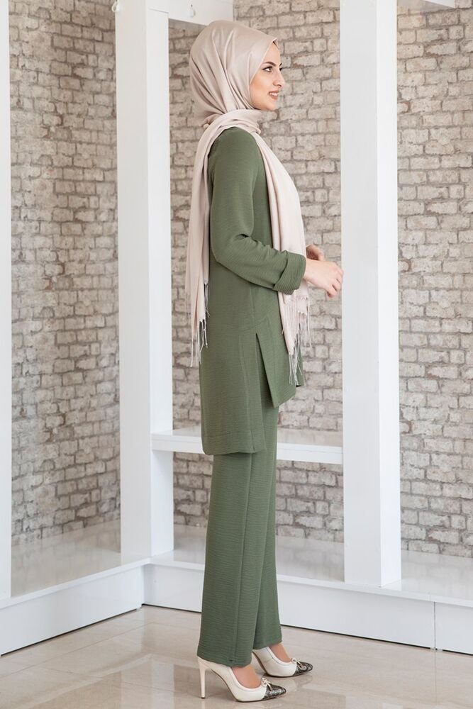 Modavitrini Longtunika Damen Tunika Anzug mit (Tunika Hose) Hijab mit Hose Fashion Khaki Zweiteiler Modest Mode