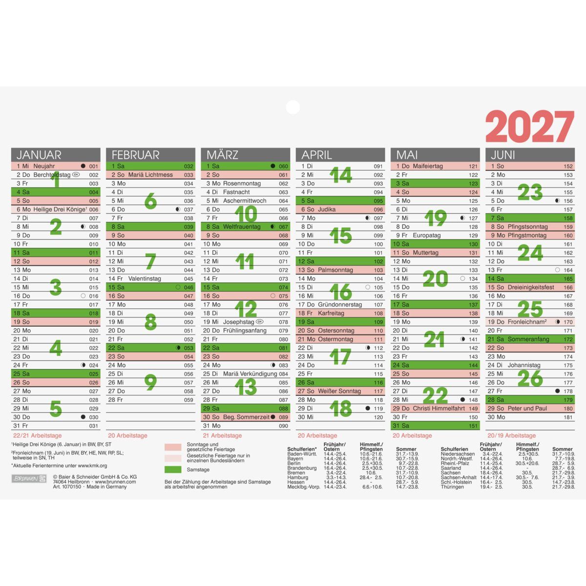 BRUNNEN Terminplaner Tafelkalender A5quer 2027