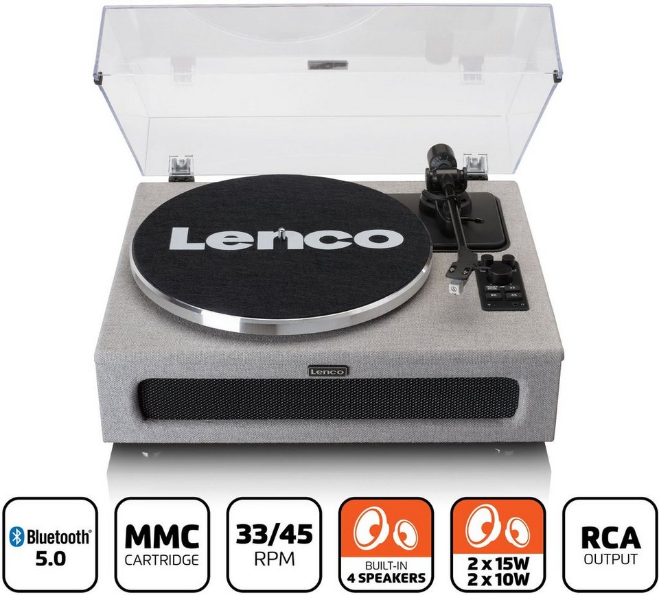 Lenco LS-440 Plattenspieler (Riemenantrieb, Bluetooth, mit 4 eingebauten  Lautsprechern), 4 eingebaute Lautsprecher mit 2 x 15 Watt und 2 x 10 Watt