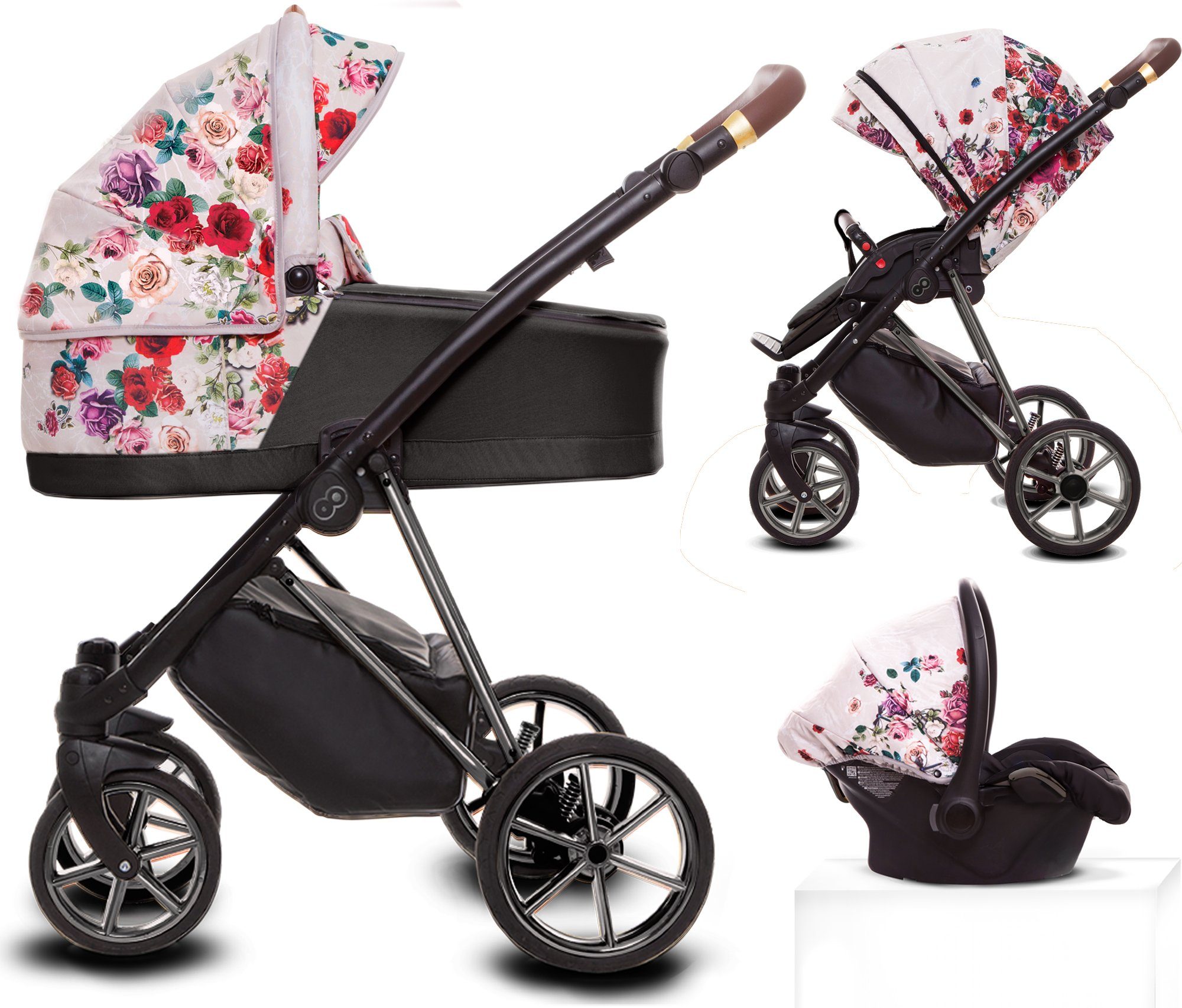 Rose, Chrom Kombi-Kinderwagen Moskitonetz Musse TPFLiving Gestell Regenschutz 3 Autositz, Dark 1 in Baby Buggy Kinderwagen Light Babywanne Komplettset