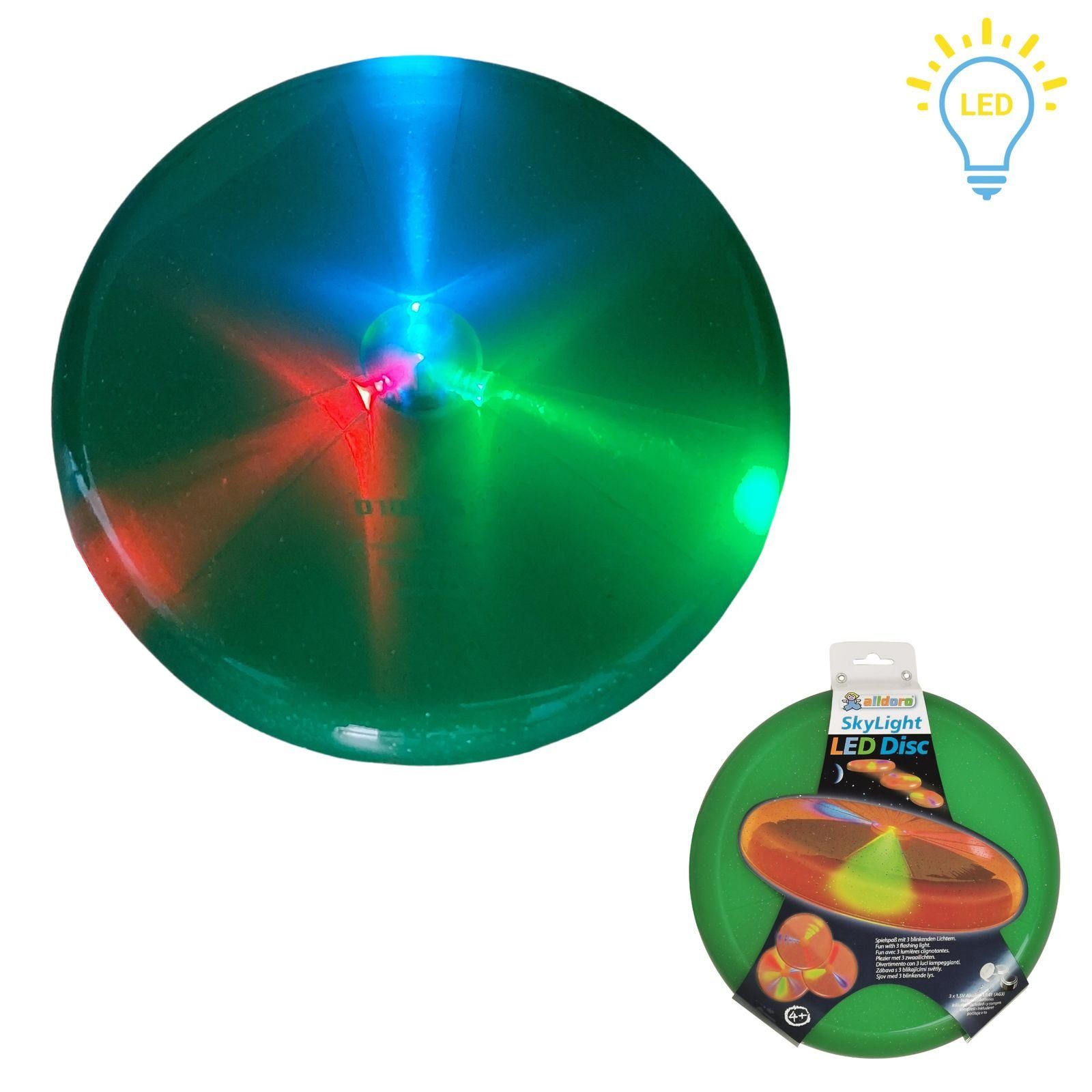 alldoro Wurfscheibe 63017, grüne LED Disc mit 3 blinkenden Lichtern, Ø 27 cm