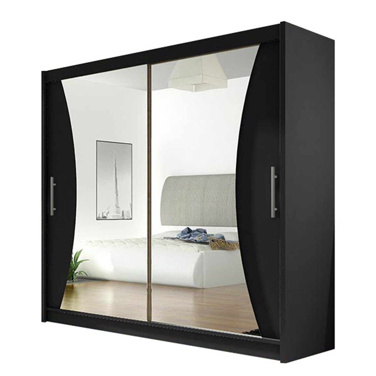 MIRJAN24 Kleiderschrank London V (mit Schiebetüren, Spiegel und Kleiderstange) Schwebetürenschrank, Schlafzimmerschrank 180x215x58 cm