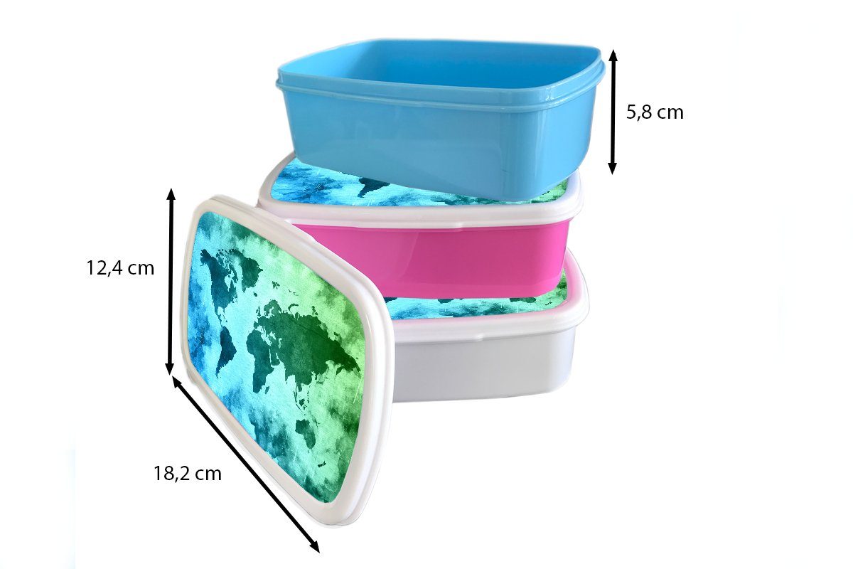 MuchoWow Lunchbox Weltkarte - - Kinder (2-tlg), und für und weiß Grün, Erwachsene, Brotdose, Jungs Mädchen Kunststoff, Brotbox Blau für