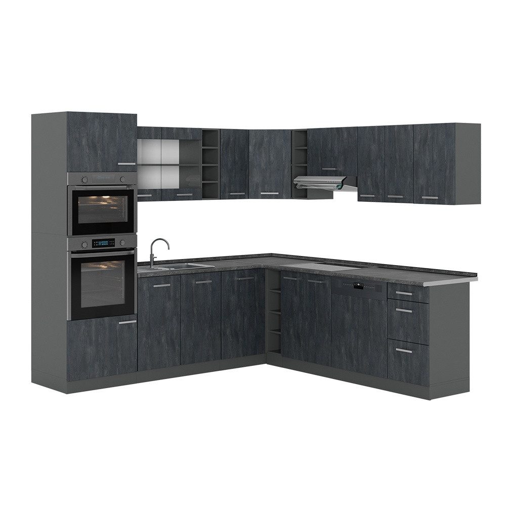 Vicco Winkelküche R-Line, Schwarz Beton/Anthrazit, 247 x 237 cm ohne Arbeitsplatte