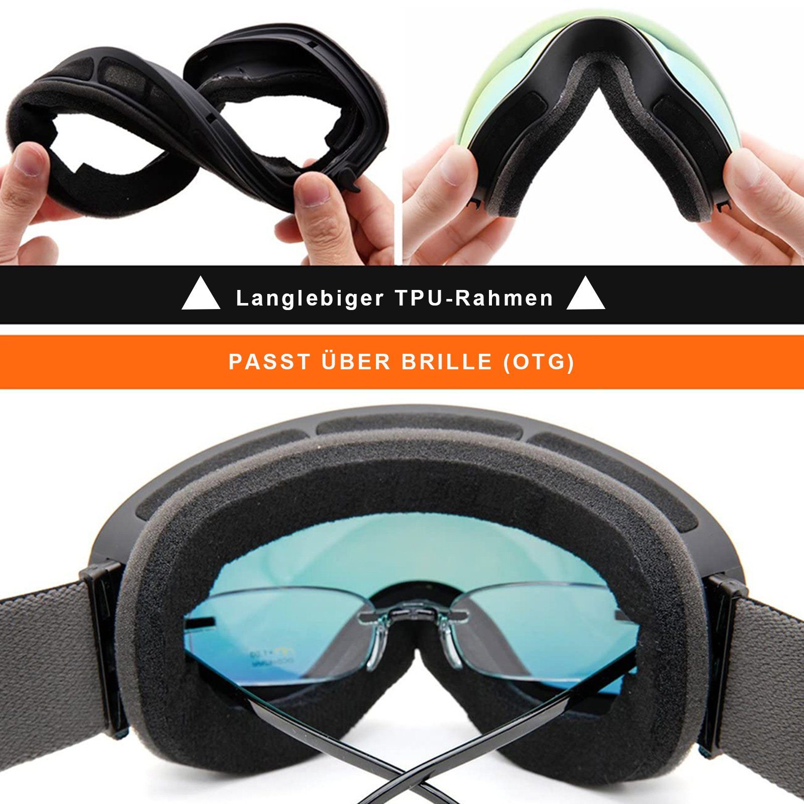 magnetisch, Doppellagige UV400, für Skifahren Anti-Beschlag Silber (1-St), Linse, Rosnek Snowboardbrille Männer Frauen,