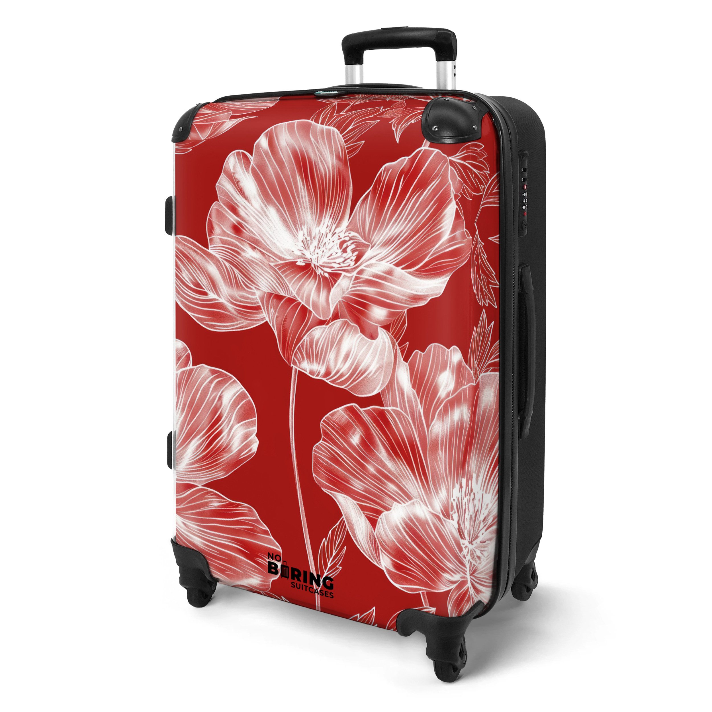 NoBoringSuitcases.com© Hartschalen-Trolley Rot mit weißen Blüten günstig online kaufen