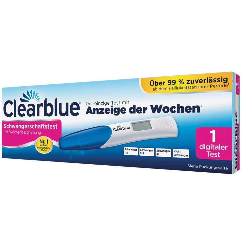 Clearblue Schwangerschafts-Teststreifen Digital mit Wochen Anzeige, 99%  zuverlässig 1-St., Der einzige Test mit Anzeige der Wochen, CLEARBLUE  Schwangerschaftstest m.Wochenbestimmung