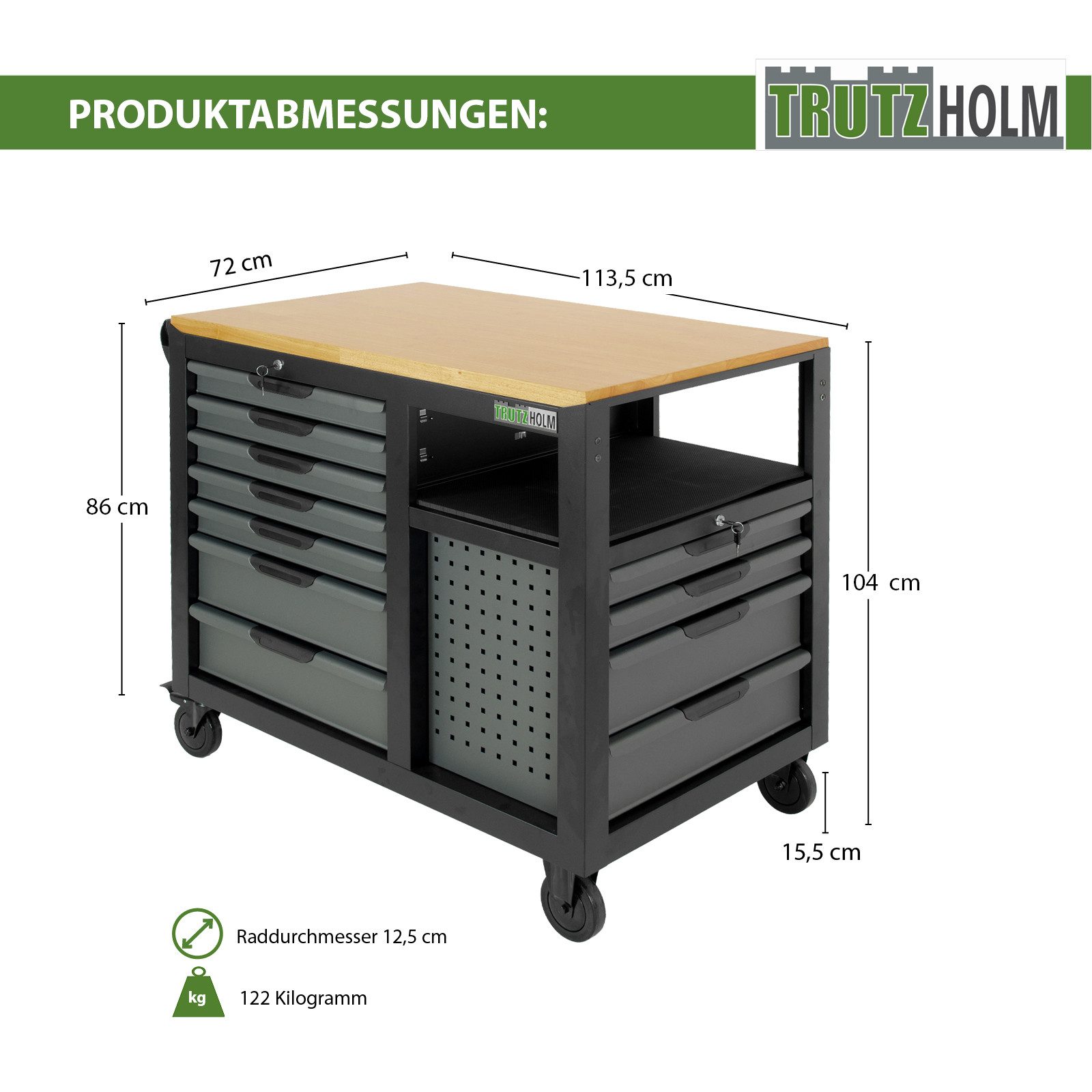 TRUTZHOLM Werkstattwagen Werkstattwagen Jumbo XXL 11 Schubladen 4 Ablagefächer unbestückt, XXL Jumbo, abschließbar,leer,Arbeitshöhe ca. 1 Meter