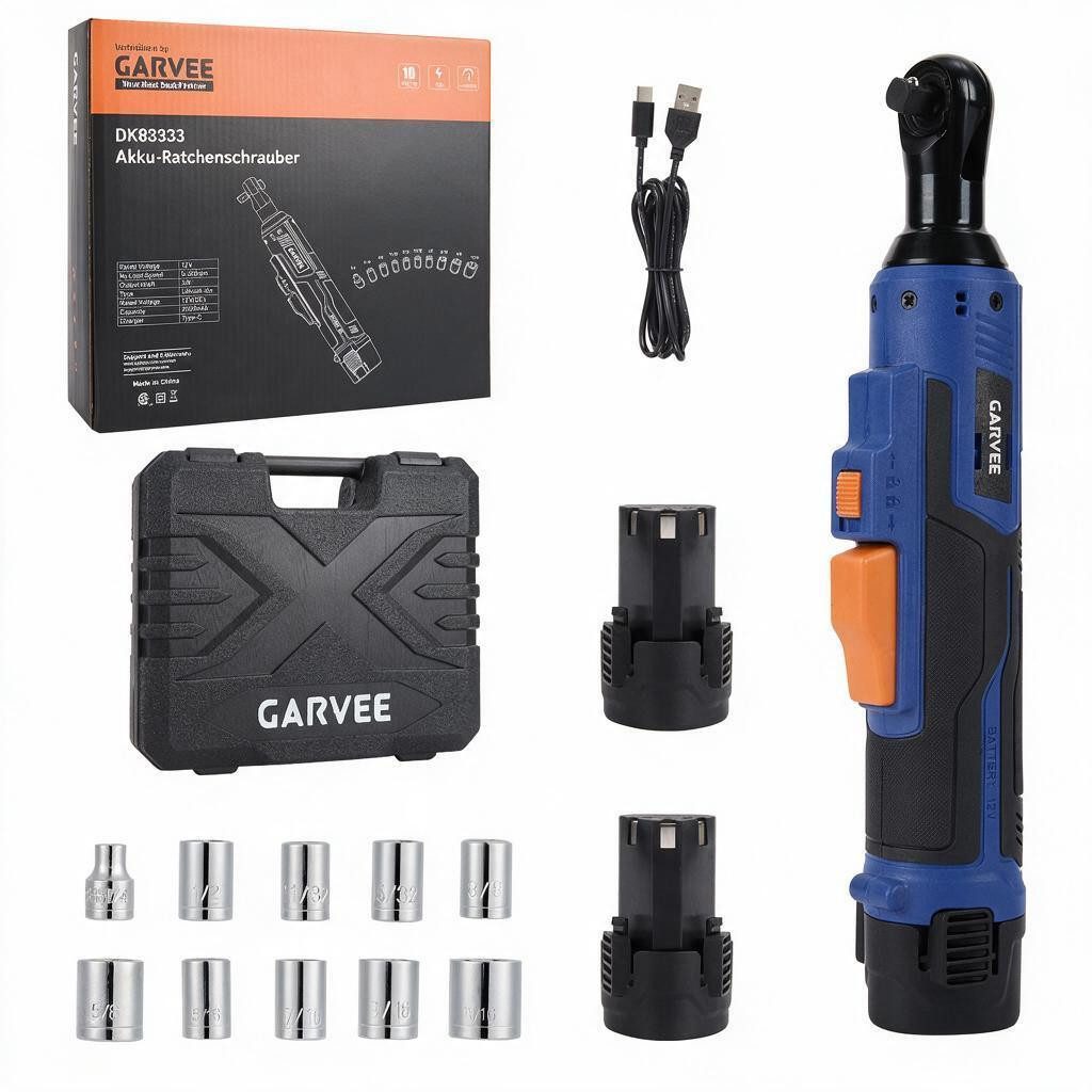 GarveeMore Schraubendreher 2-V-Akku-Ratschen-Schraubenschlüssel-Set, 3/8-Zoll-Antrieb, 0–300U/min, (3 St)