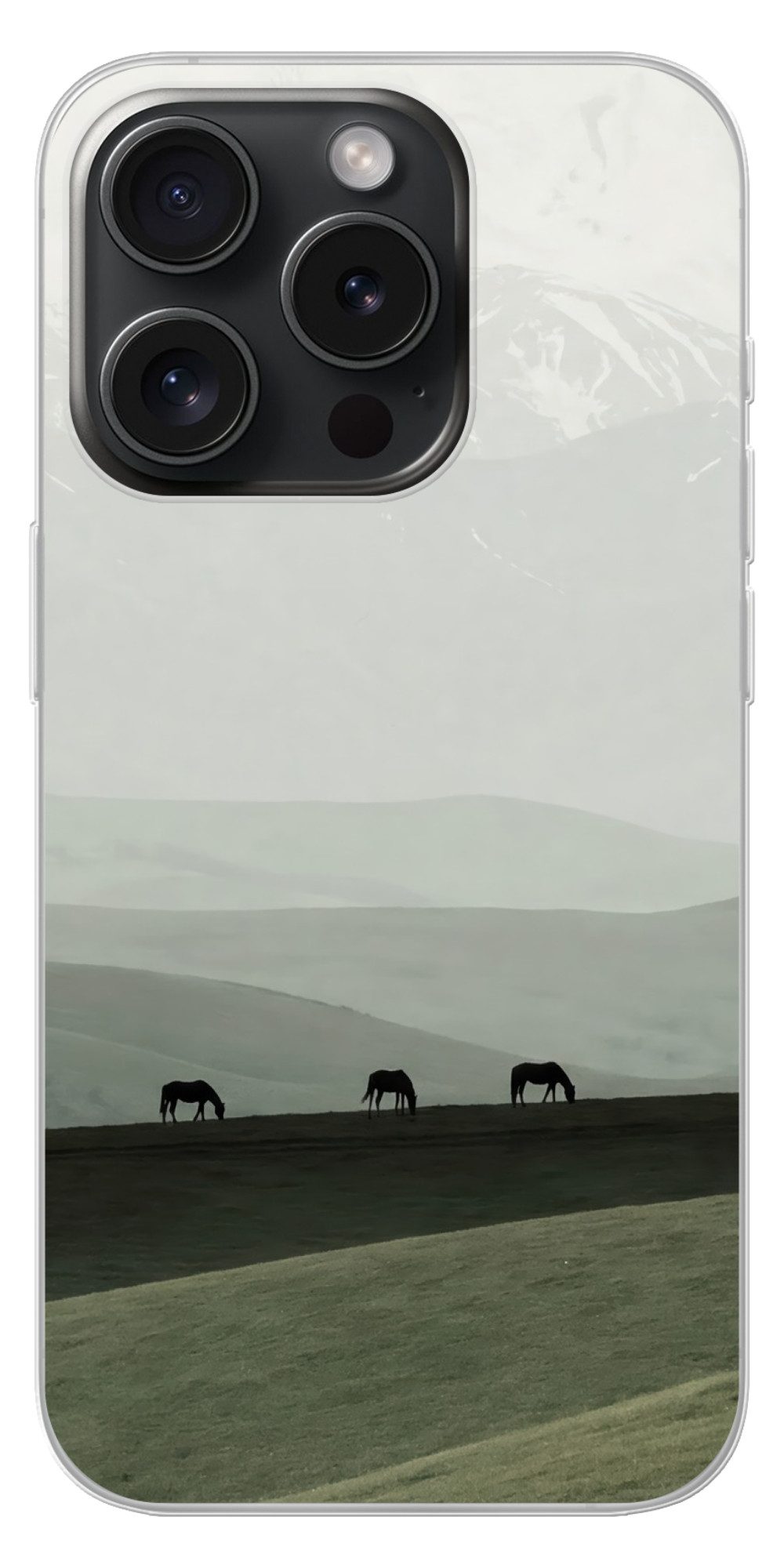 MuchoWow Handyhülle für Apple iPhone 15 Pro Grau - Berg - Pferde, Smartphone-Bumper, Print, Handy Schutzhülle Dünn