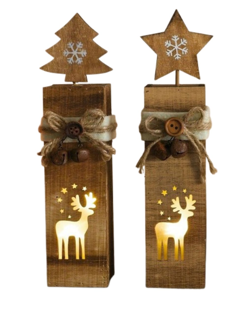 Home-trends24.de LED Dekoobjekt Rentier LED-Säule Tannenbaum 2 x Windlicht Sterne Weihnachten Glocken