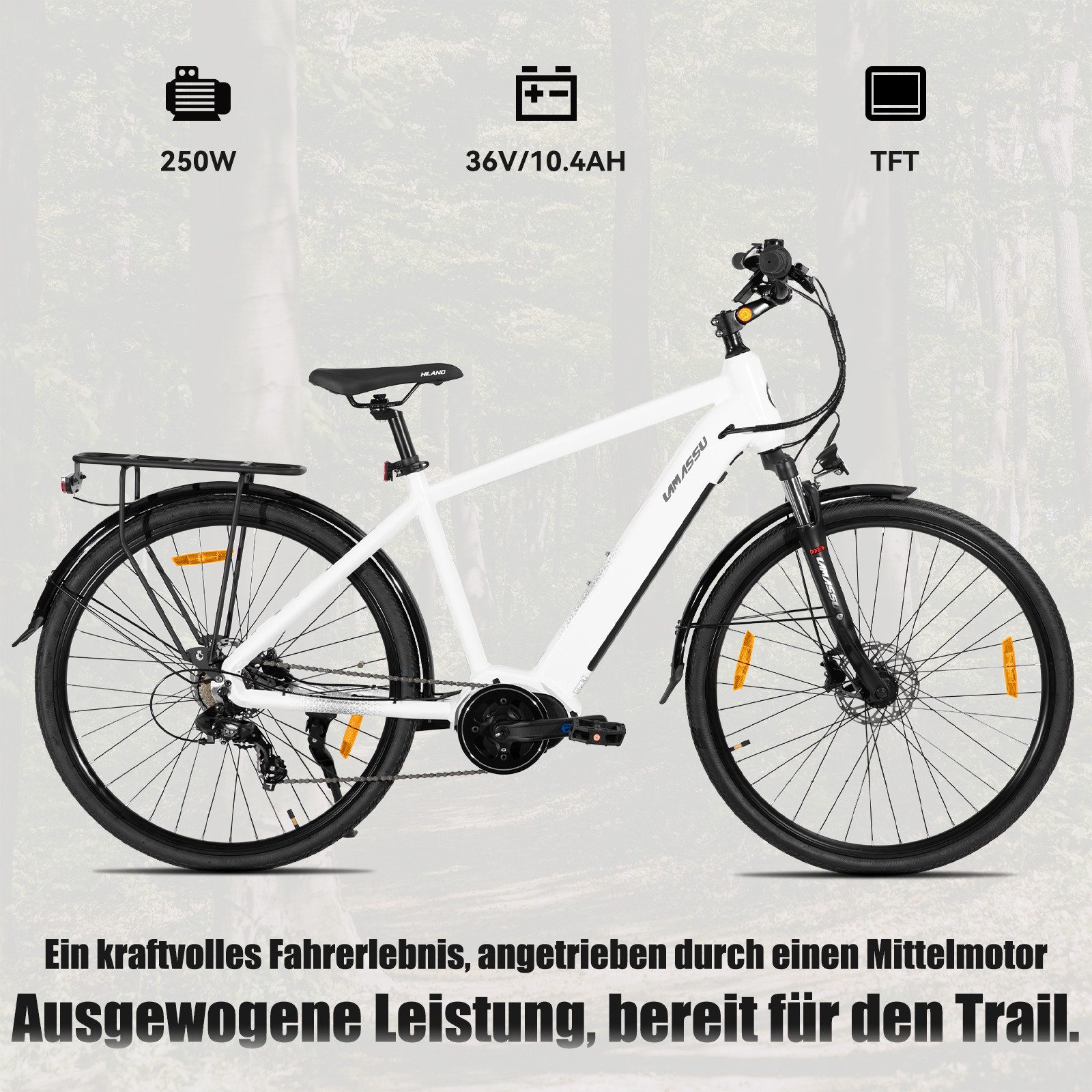 HILAND E-Bike 27 Zoll City-E-Bike Allanton 250W mit Gepäckträger & Beleuchtung, Mittelmotor