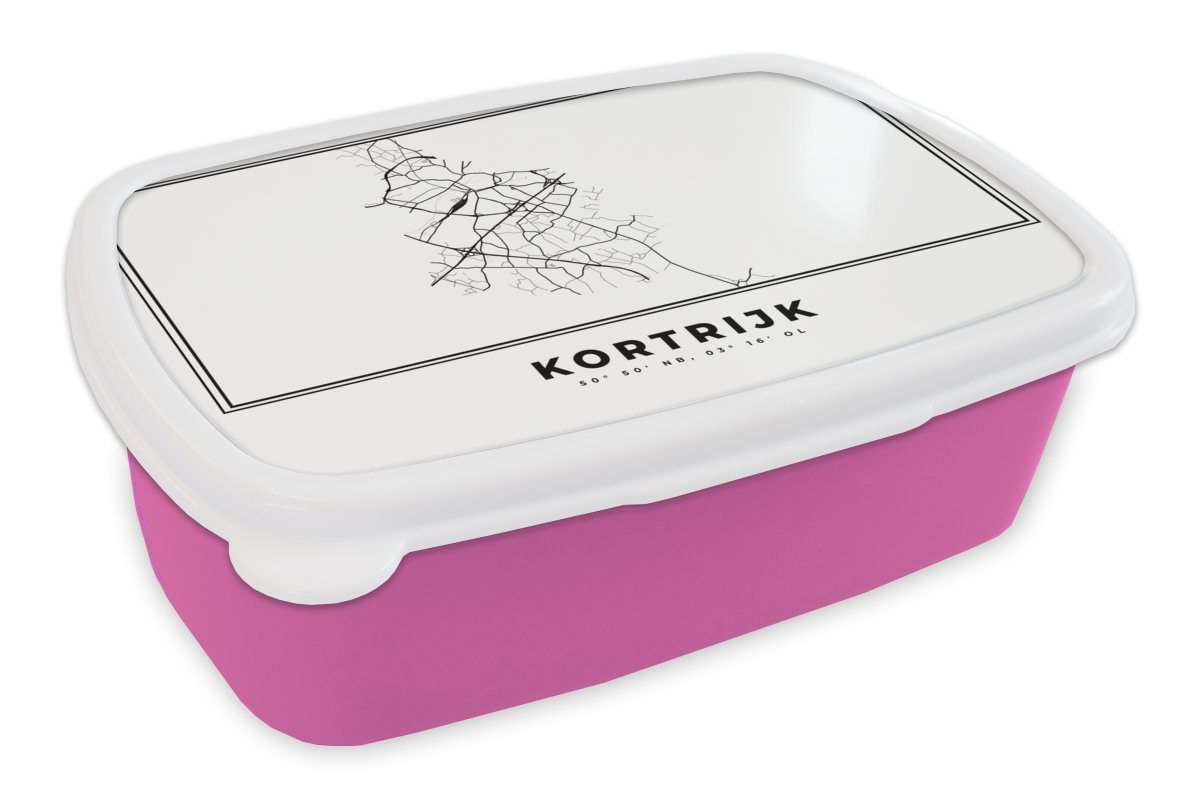 MuchoWow Lunchbox Karte - Stadtplan - Kortrijk - Belgien - Schwarz und weiß, Kunststoff, (2-tlg), Brotbox für Erwachsene, Brotdose Kinder, Snackbox, Mädchen, Kunststoff rosa
