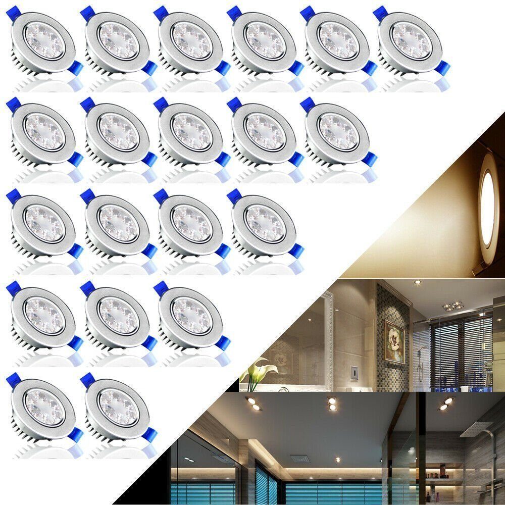 LETGOSPT LED Einbauleuchte 20er Set LED Einbaustrahler, LED Spot Einbauleuchten Einbau Strahler, LED fest integriert, warmweiß, kaltweiß, 3W Badleuchte Einbauspot Aluminium Deckenspot, für Wohnzimmer, Küche 20er Set Warmweiß