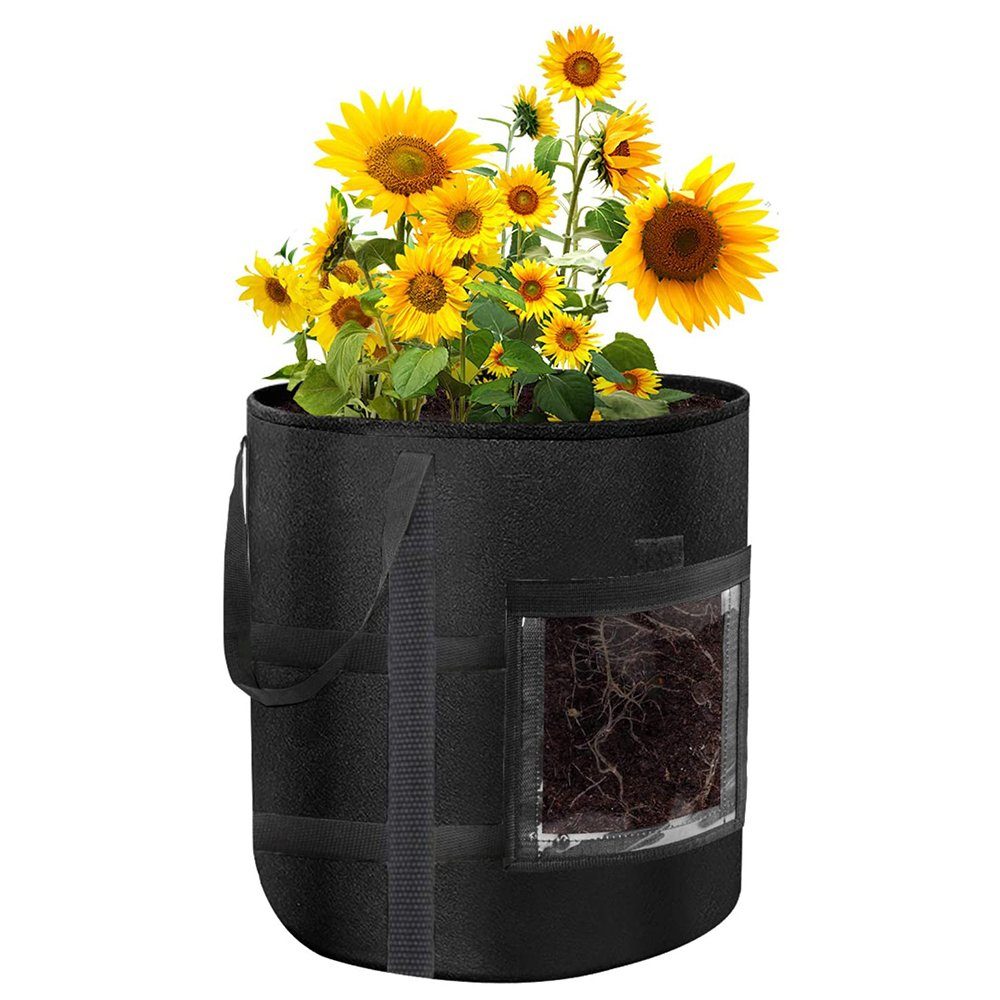 BTTO Blumentopf Pflanzsack aus Vliesstoff Blumentopf mit Klettverschluss (Pflanztopf Pflanzensack für Kartoffeln,Tomaten,Blumen,Pflanzen,Gemüse, 1 St), Mit Sichtfenster&Griffen 2 Farben ( 1/2/3/5/8 Stück; 7/10 Gallonen) Schwarz