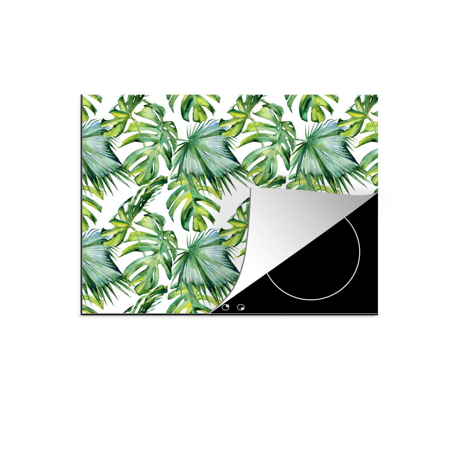 MuchoWow Herdblende-/Abdeckplatte - tlg), (1 Induktionskochfeld, Tropisch, Blumen - Bohème Vinyl, - 59x51 Induktionsschutz, Blätter cm, Ceranfeldabdeckung