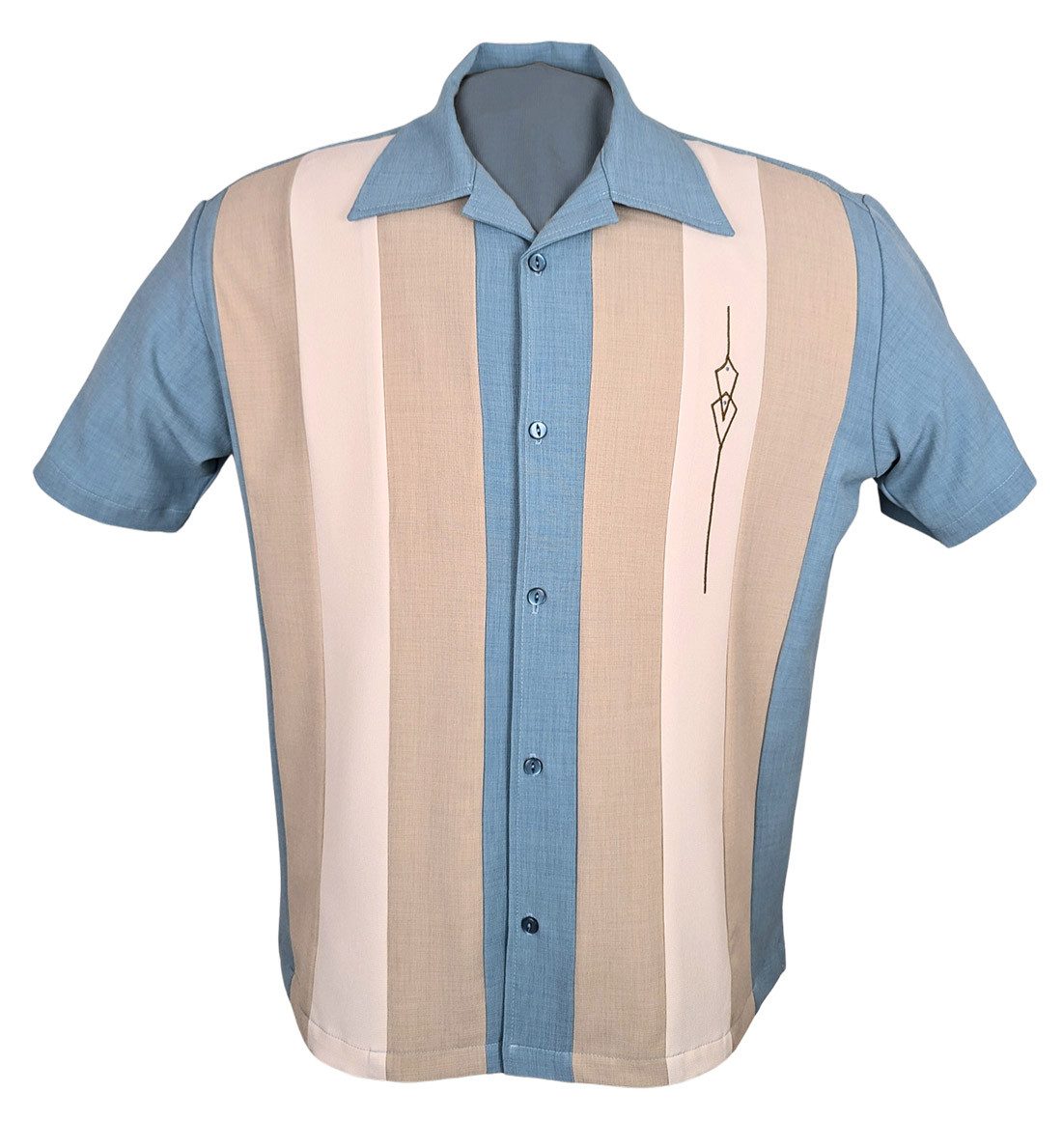 Steady Clothing Kurzarmhemd The Sheen Aqua Altweiß Stone Vintage Bowling Shirt Retro