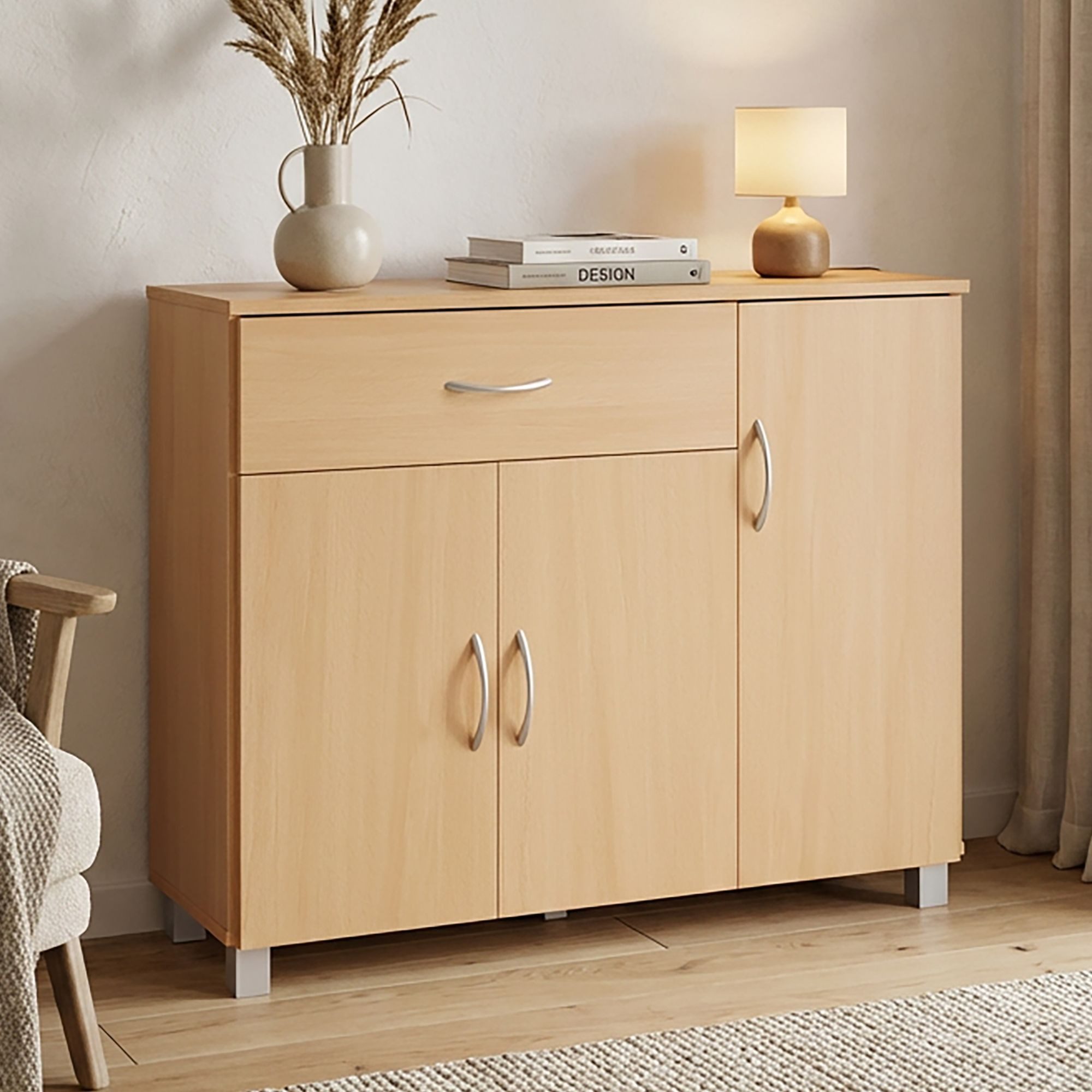 Wohnling Sideboard WL1.333 SETE Buche Schublade & Türen Kommode Anrichte Griffe (SETE Buche mit 1 Schublade & 3 Türen 90x75x30 cm), Design Kommode Anrichte Flur-Schrank mit Griffen