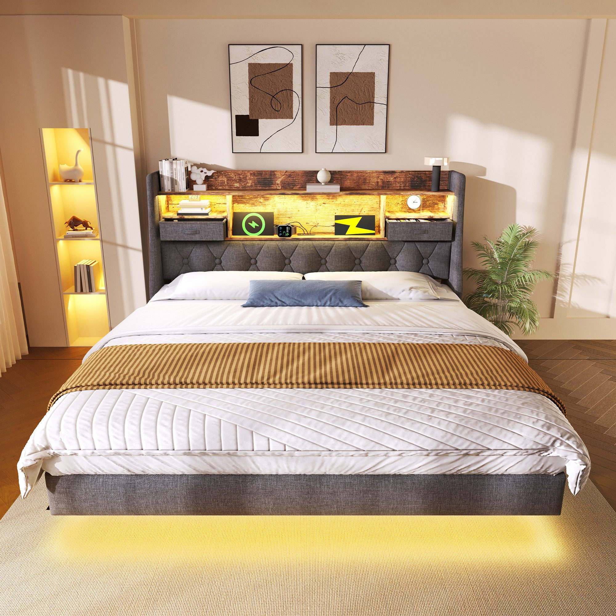 OKWISH Polsterbett mit LED-Beleuchtung, Kopfteil und Ladestation (Funktionsbett, Struraumbett, 1-tlg., 180x200 cm, ohne Matratze), Schwebebett mit 1 Type-C, 3 USB-Anschlüsse