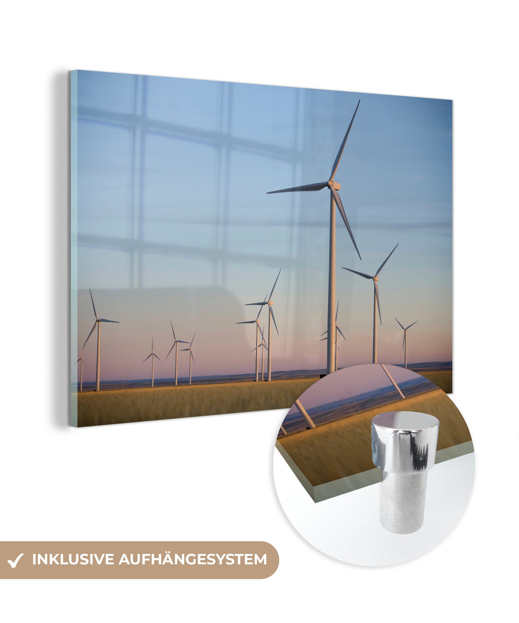 MuchoWow Acrylglasbild Eine Gruppe von Windmühlen in Montana bei Sonnenuntergang, (1 St), Acrylglasbilder Wohnzimmer & Schlafzimmer