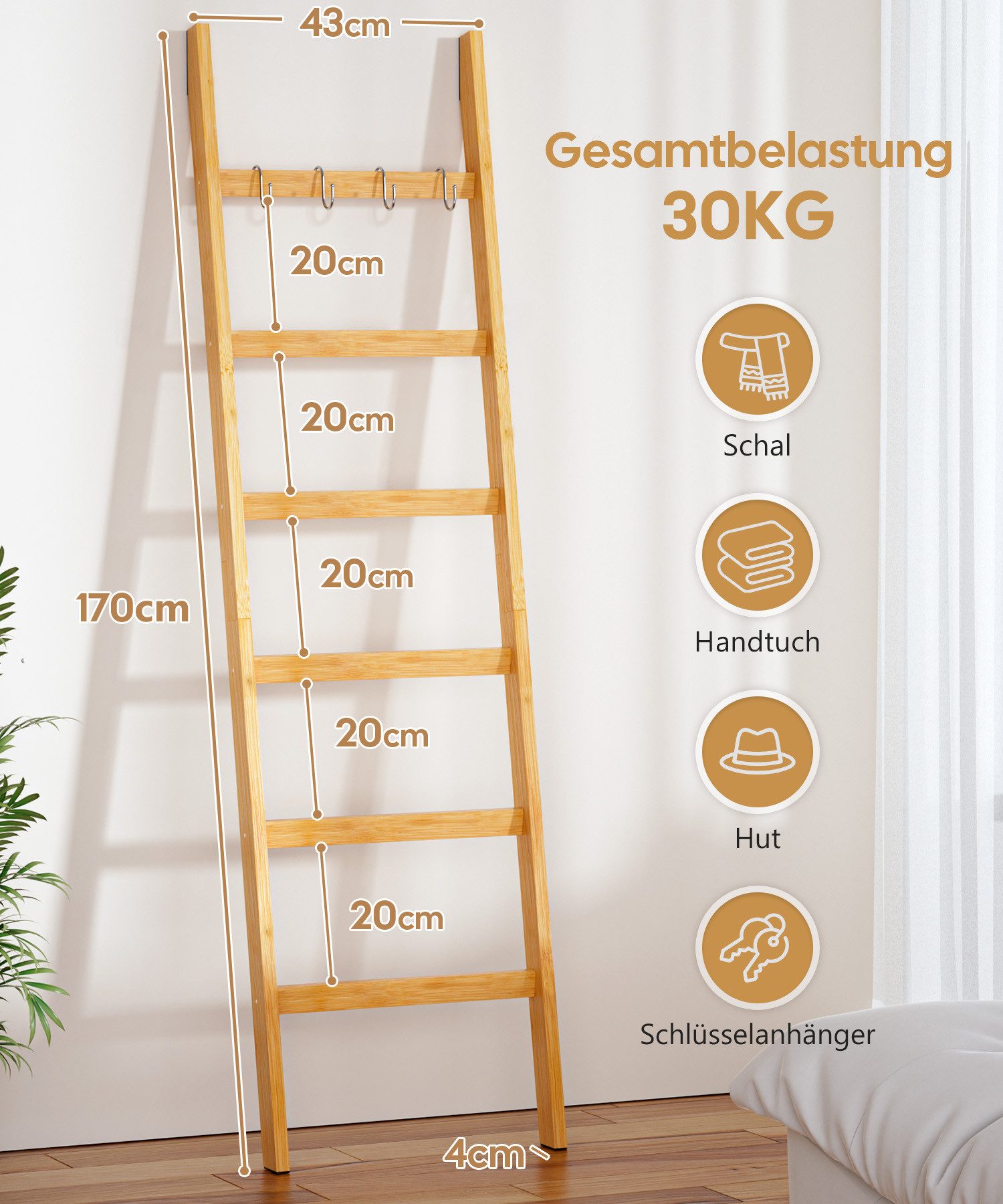 Yorbay Handtuchleiter Handtuchhalter Bambus, 6 Ebenen Leiterregal, 4 Haken und 2 Sicherheitsgurten, 43x170 cm, für Bad, Wohnzimmer