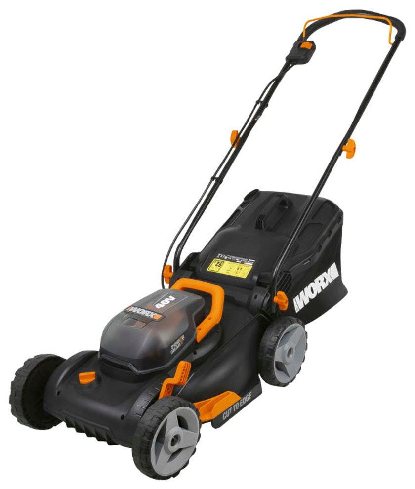 Worx Akkurasenmäher WG743E, 40 cm Schnittbreite, (Set), 40V/ 2x4Ah 500m², 40cm/20-80mm, 45 Liter