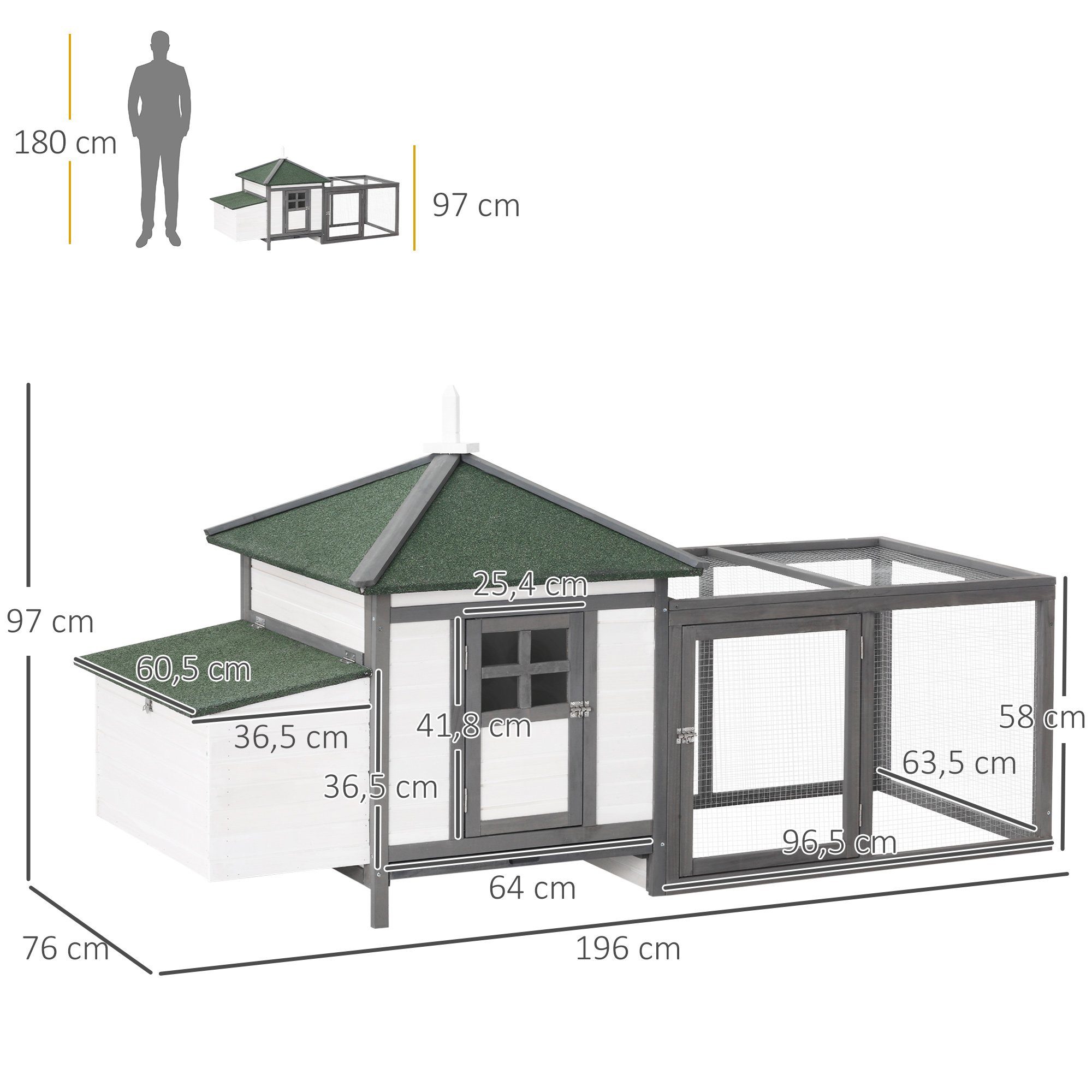 PawHut Hühnerstall Stall, mit Auslauf, Nistkasten, Stange, Kiefernholz, für Außenbereich, Grau