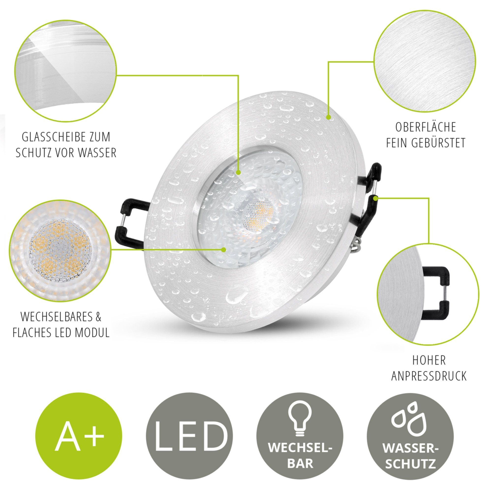 LED 10er Leuchtmittel Set linovum in flache IP65 LED, LED Optik Einbaustrahler inklusive, gebuersteter Einbaustrahler mit Leuchtmittel inklusive