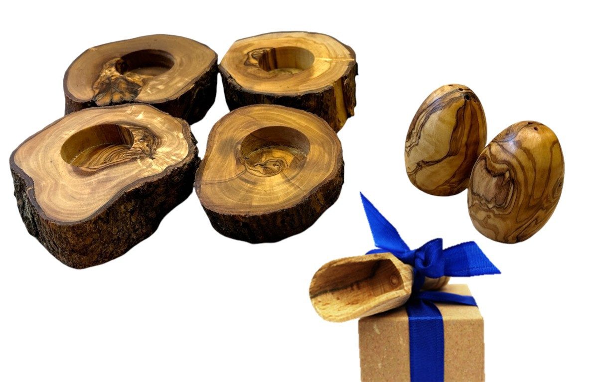 Olivenholz-erleben Eierbecher Rustikal, (Set, 6-tlg., 4x Eierbecher rustikal, plus Salz- und Pfefferstreuer), Olivenholzscheiben als Eierbecher mit Ei-förmigen Streuern