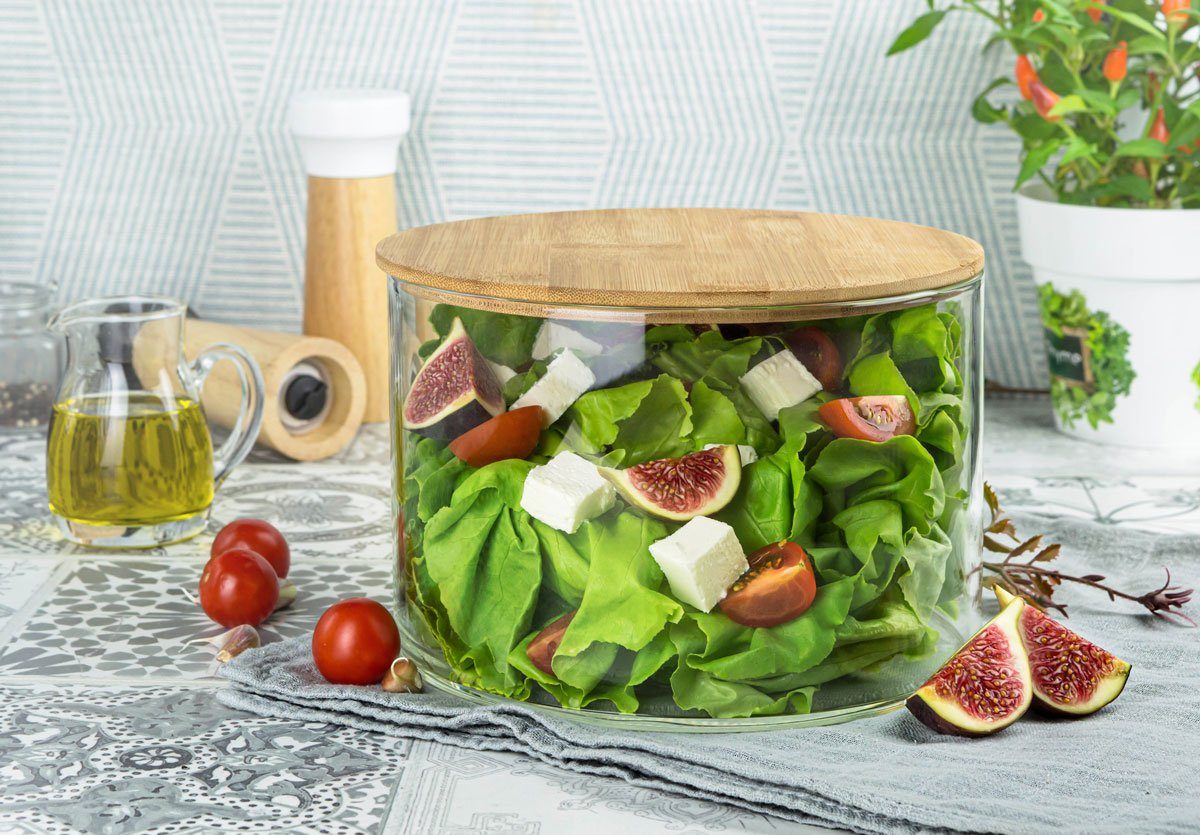 Sendez Schüssel Glasschale mit Holzdeckel Salatschale 20cm Schale Schüssel Glasdose, Glas