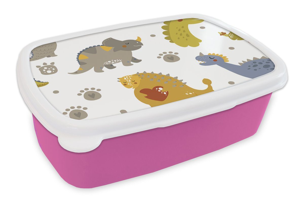 MuchoWow Lunchbox Dinosaurier - Kinder - Design - Jungen - Mädchen - Kinder, Kunststoff, (2-tlg), Brotbox für Erwachsene, Brotdose Kinder, Snackbox, Mädchen, Kunststoff rosa