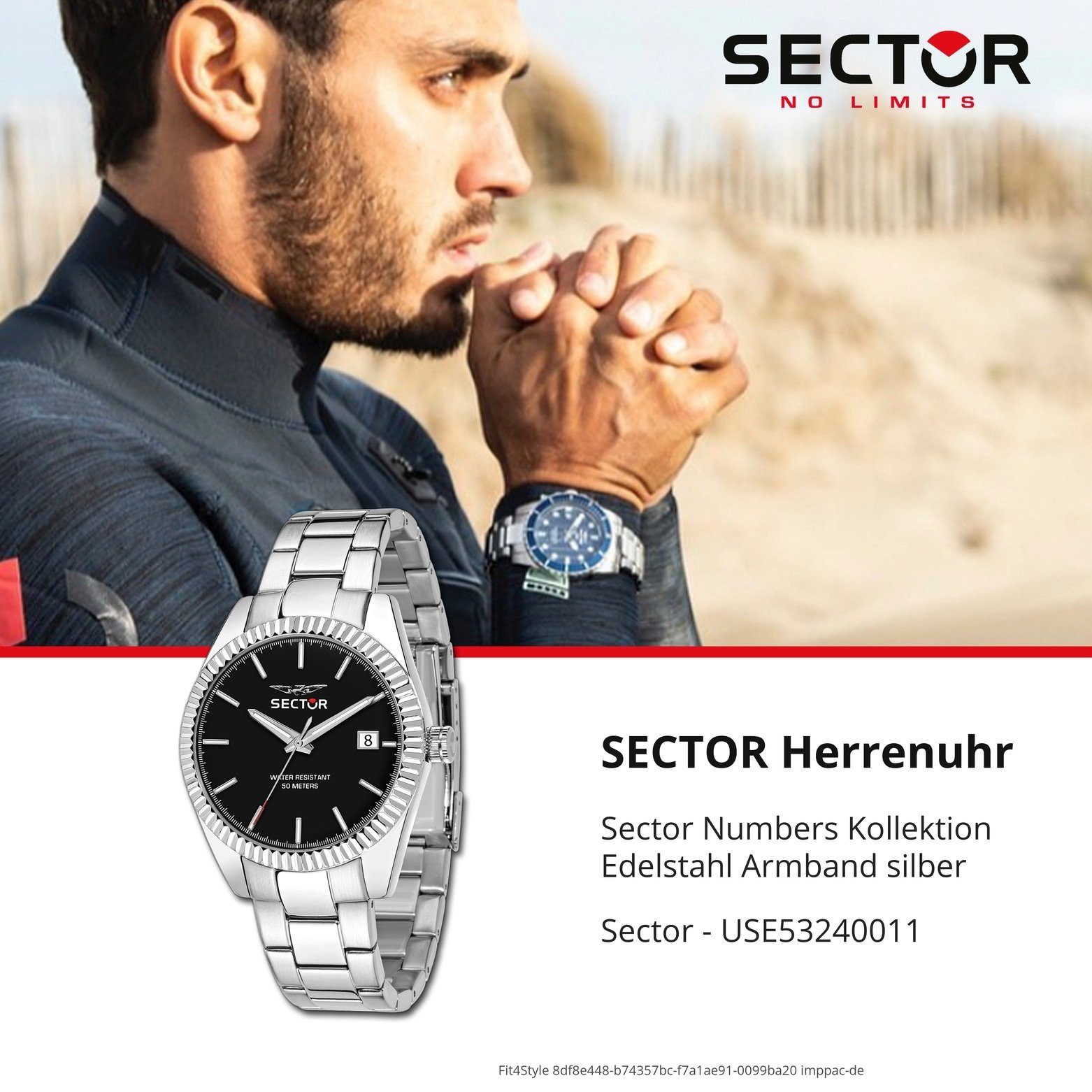 Herren Fa Quarzuhr (ca. Herren Armbanduhr Sector rund, Edelstahlarmband 35mm), Armbanduhr Analog, silber, Sector mittel