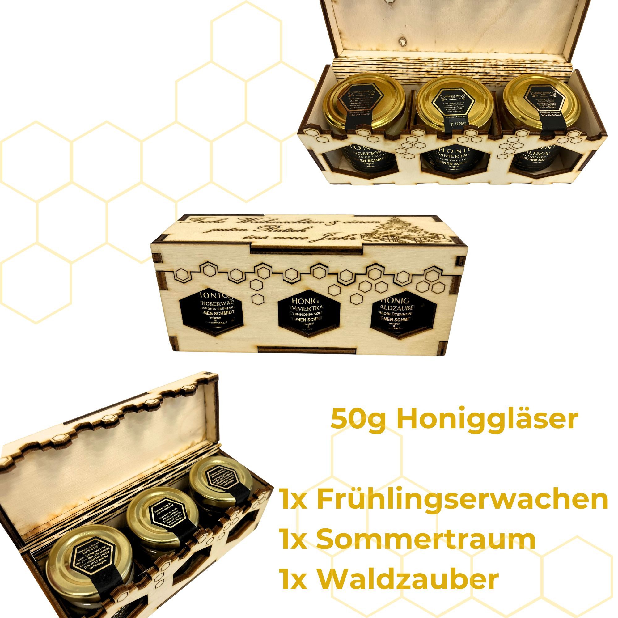 BIENEN SCHMIDT Honig 3er Holzgeschenkset mit 50g Honiggläsern in 3 Sorten, (Spar-Set)